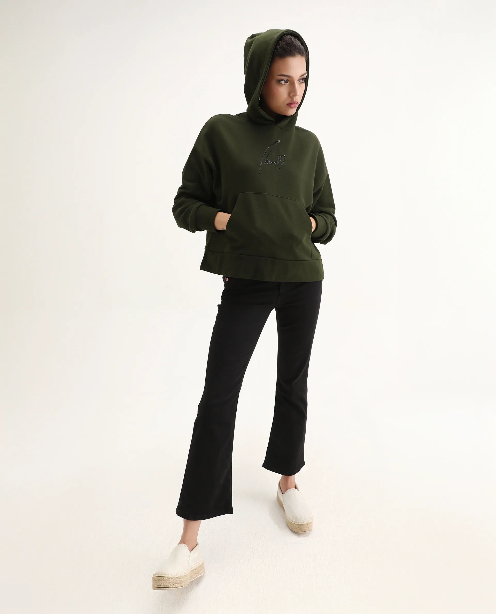 Rareism Women's Xan Dark Olive Cotton Blend Hooded Relaxed Fit Printed Sweatshirt