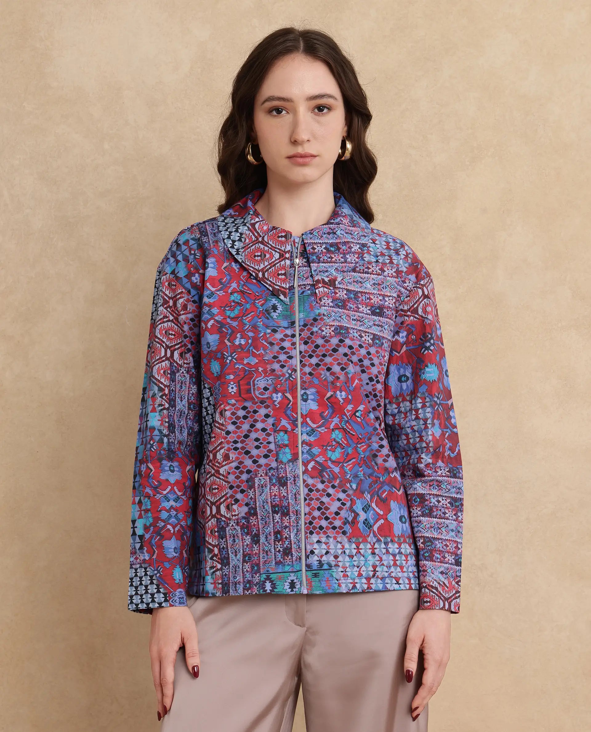 Rareism Women Xany Multi Full Sleeve Collared Neck Zipper Closure Abstract Print Top