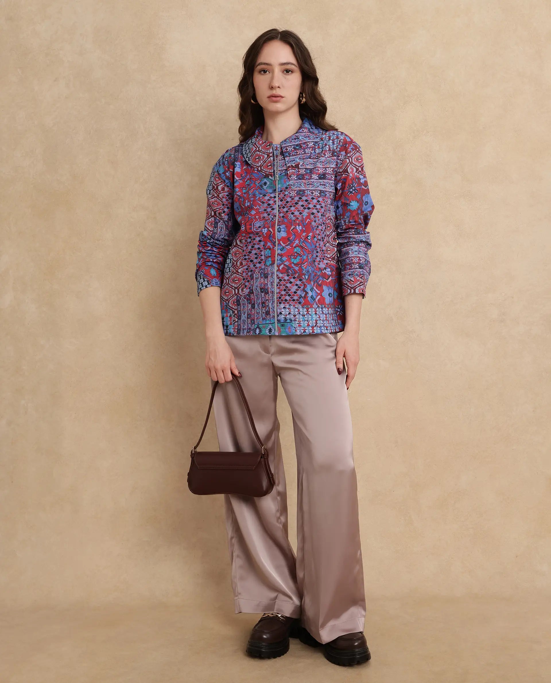 Rareism Women Xany Multi Full Sleeve Collared Neck Zipper Closure Abstract Print Top