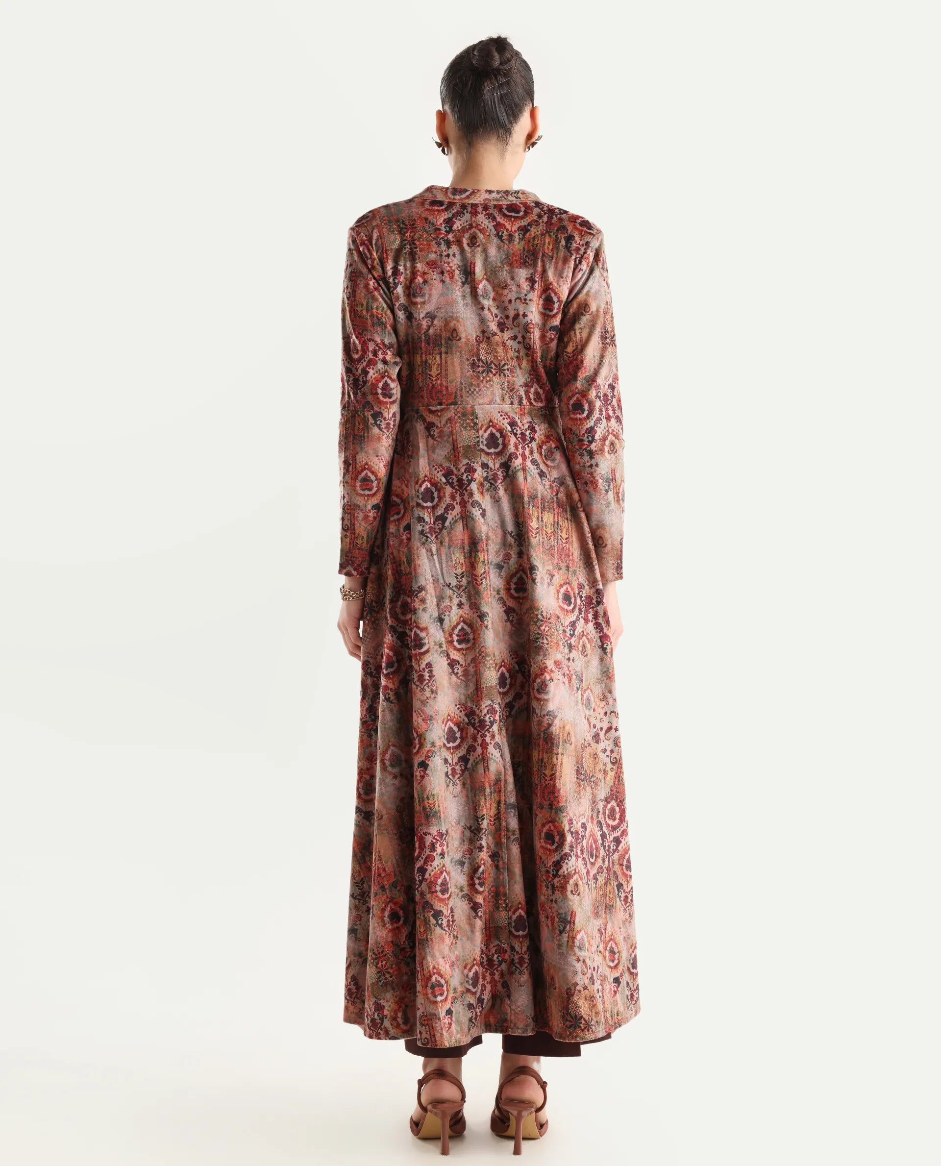 Rareism Women's Xaply Multi Velvet Collarless Abstract Print Maxi Flared Dress