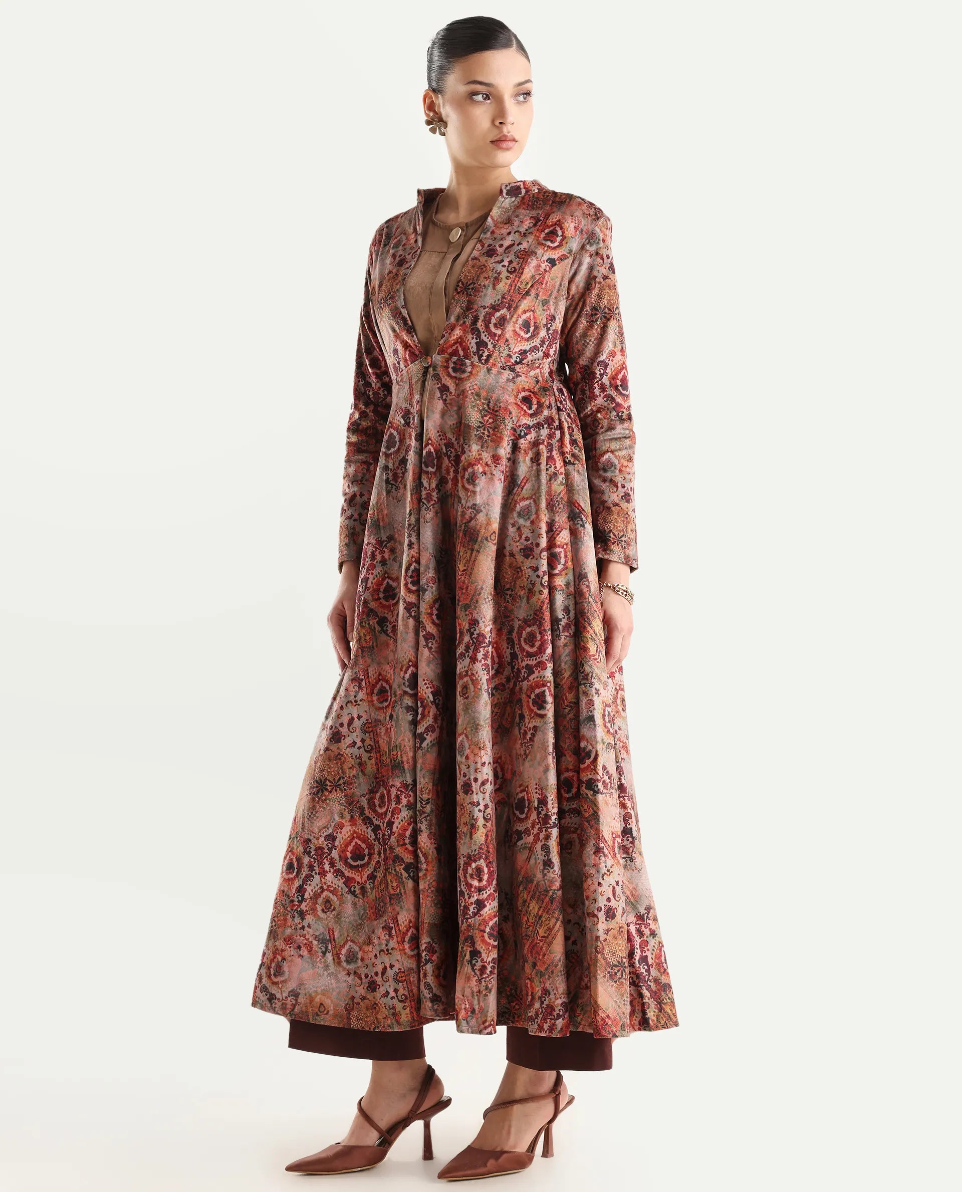 Rareism Women's Xaply Multi Velvet Collarless Abstract Print Maxi Flared Dress