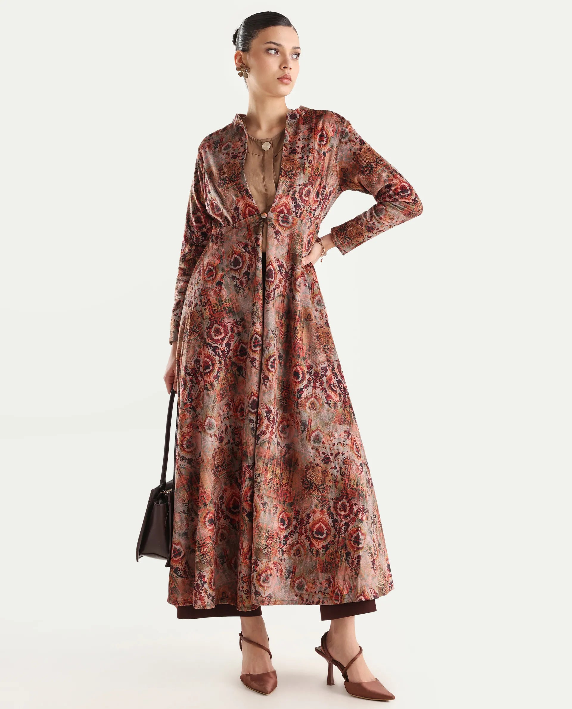 Rareism Women's Xaply Multi Velvet Collarless Abstract Print Maxi Flared Dress