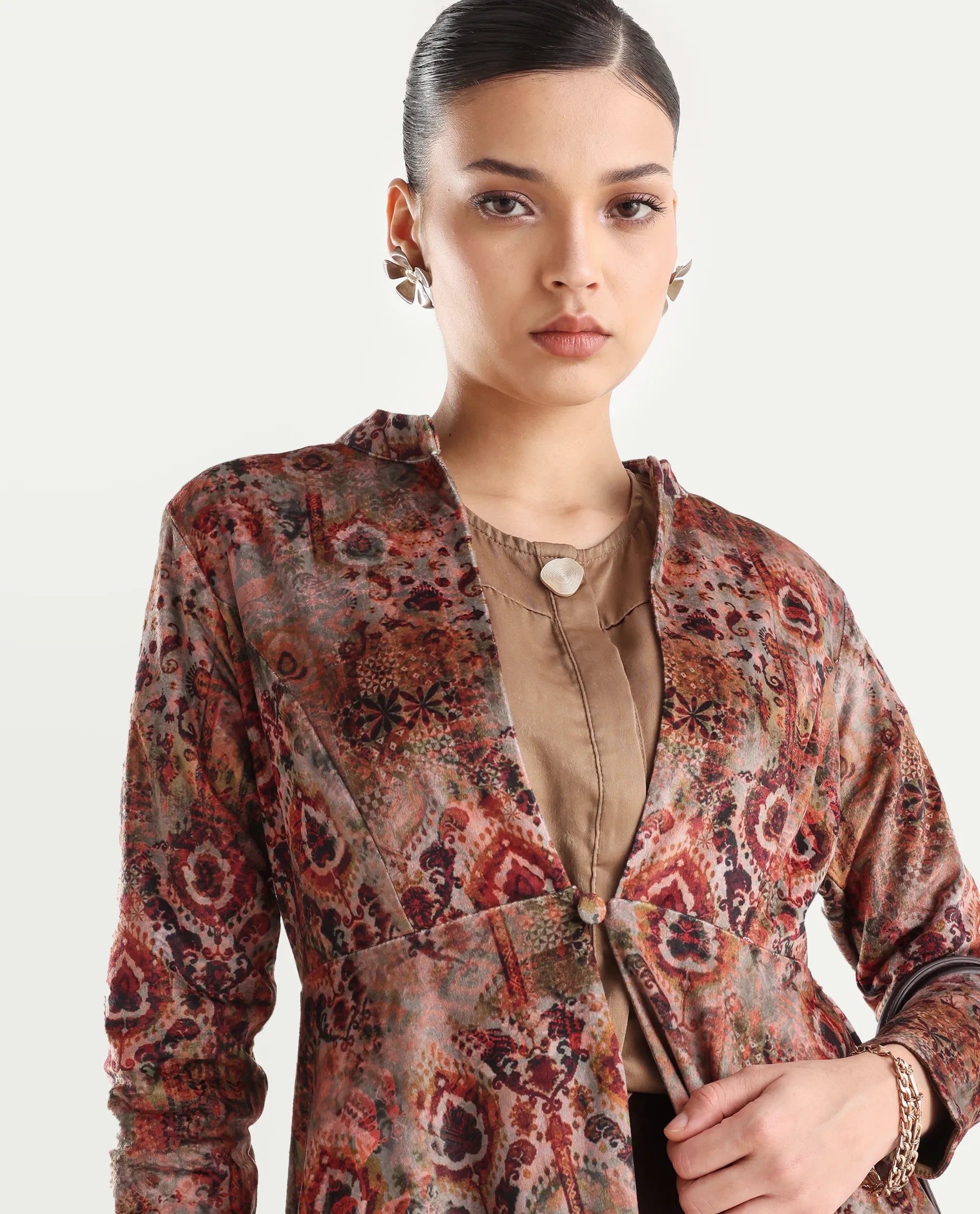 Rareism Women's Xaply Multi Velvet Collarless Abstract Print Maxi Flared Dress