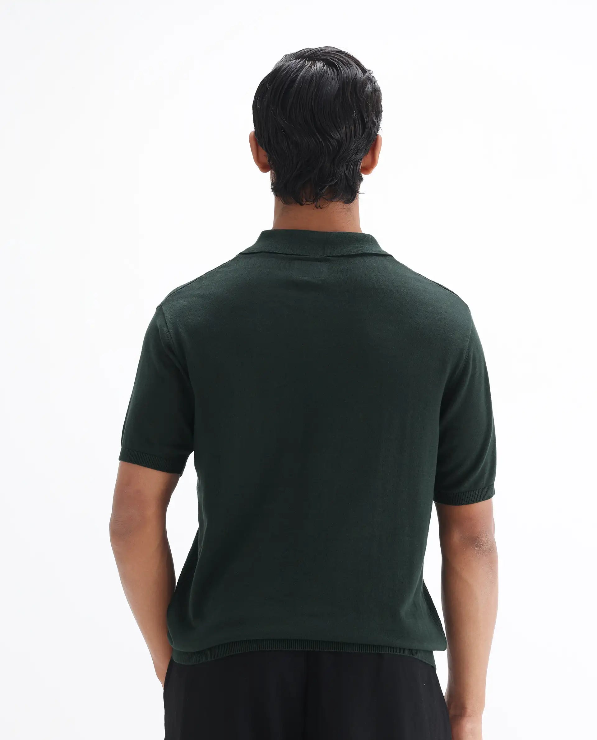 Rare Rabbit Men's Xas Dark Green Cotton Textured Regular Fit Half Sleeve Polo