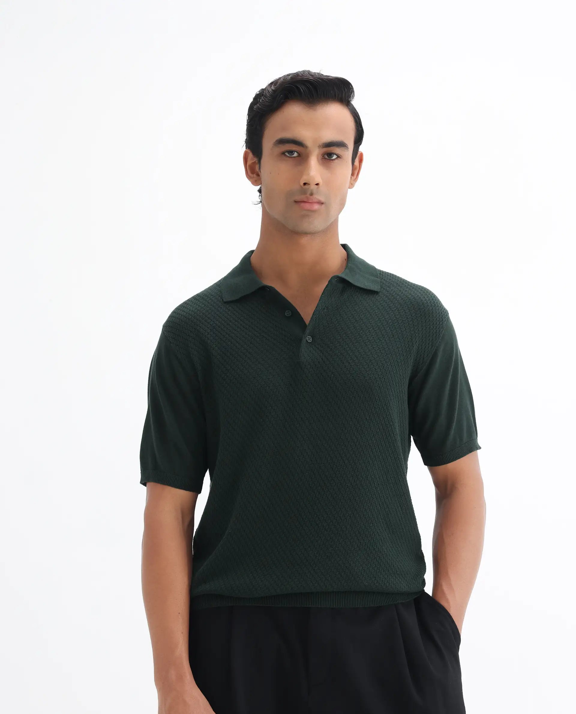 Rare Rabbit Men's Xas Dark Green Cotton Textured Regular Fit Half Sleeve Polo
