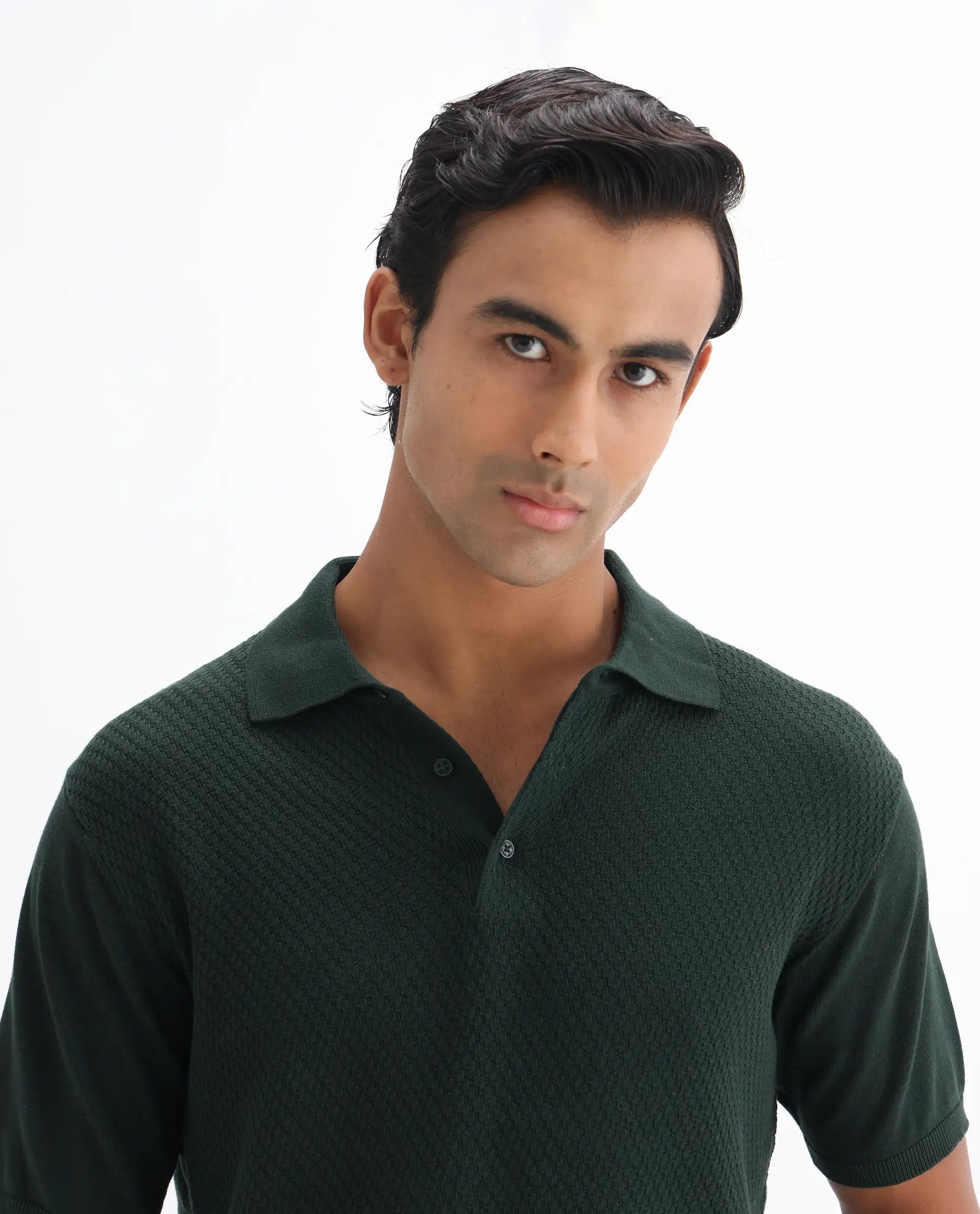 Rare Rabbit Men's Xas Dark Green Cotton Textured Regular Fit Half Sleeve Polo