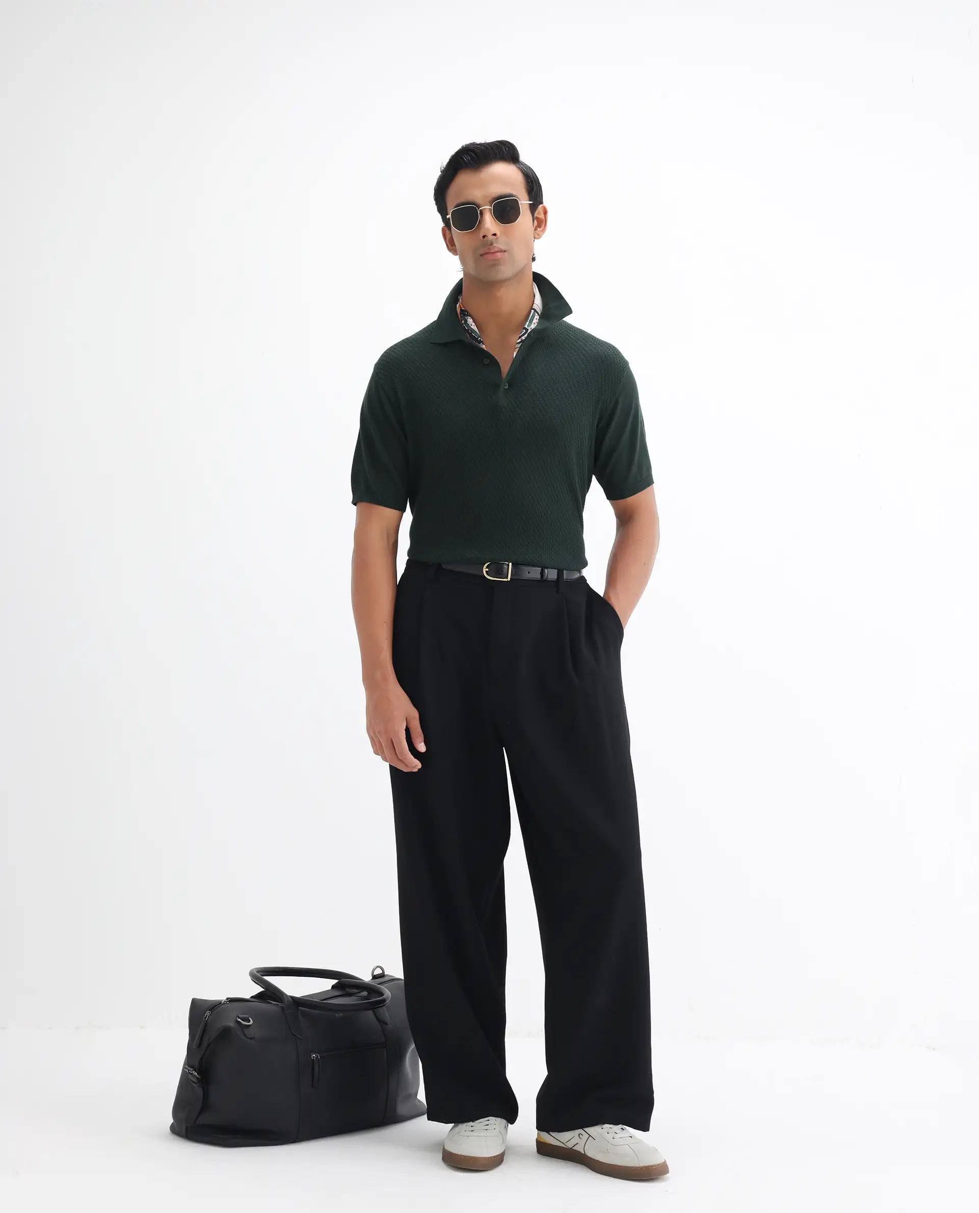 Rare Rabbit Men's Xas Dark Green Cotton Textured Regular Fit Half Sleeve Polo