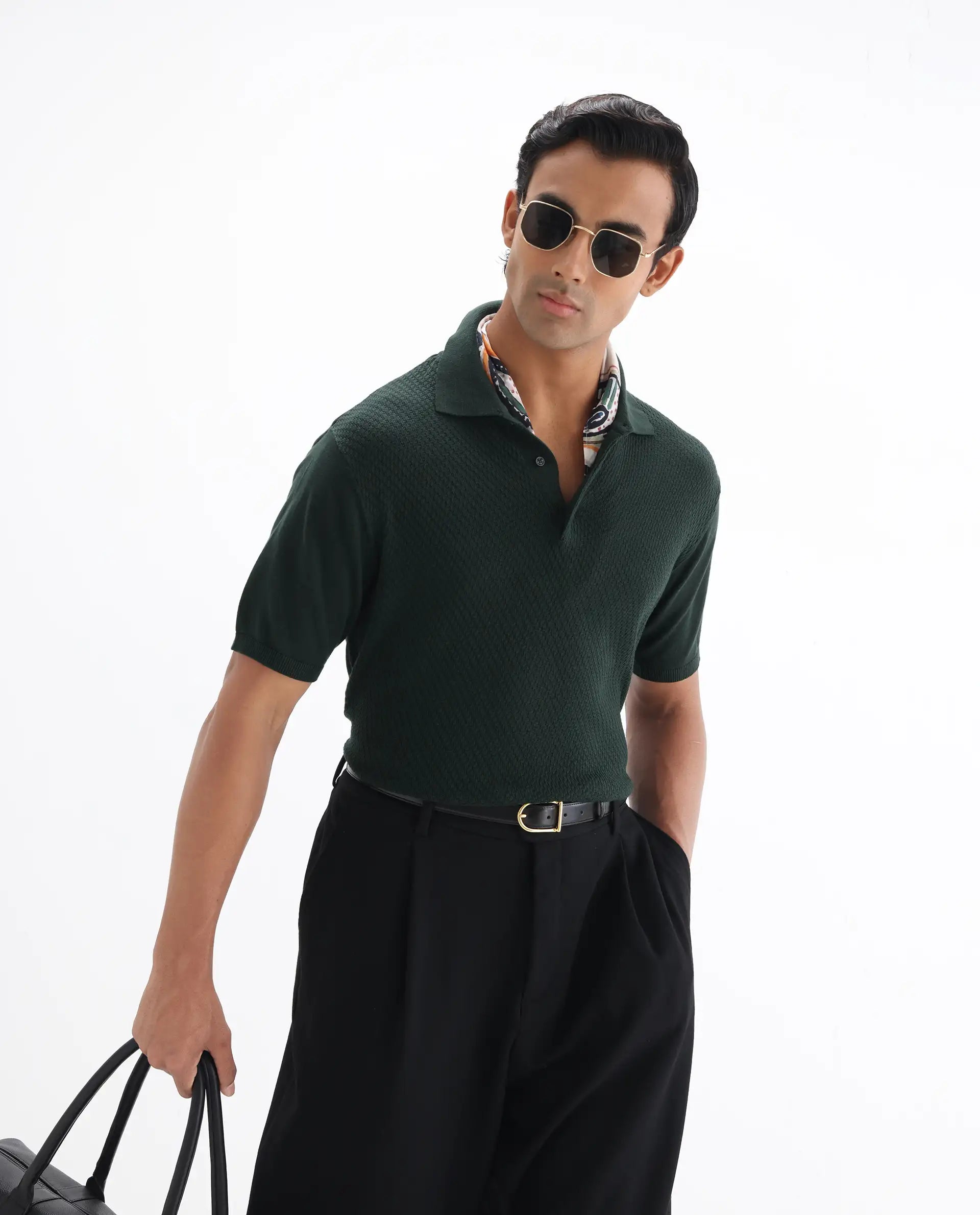 Rare Rabbit Men's Xas Dark Green Cotton Textured Regular Fit Half Sleeve Polo