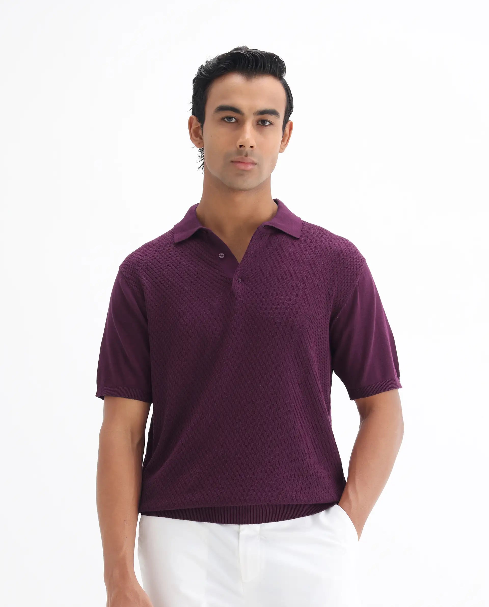 Rare Rabbit Men's Xas Dark Purple Cotton Textured Regular Fit Half Sleeve Polo