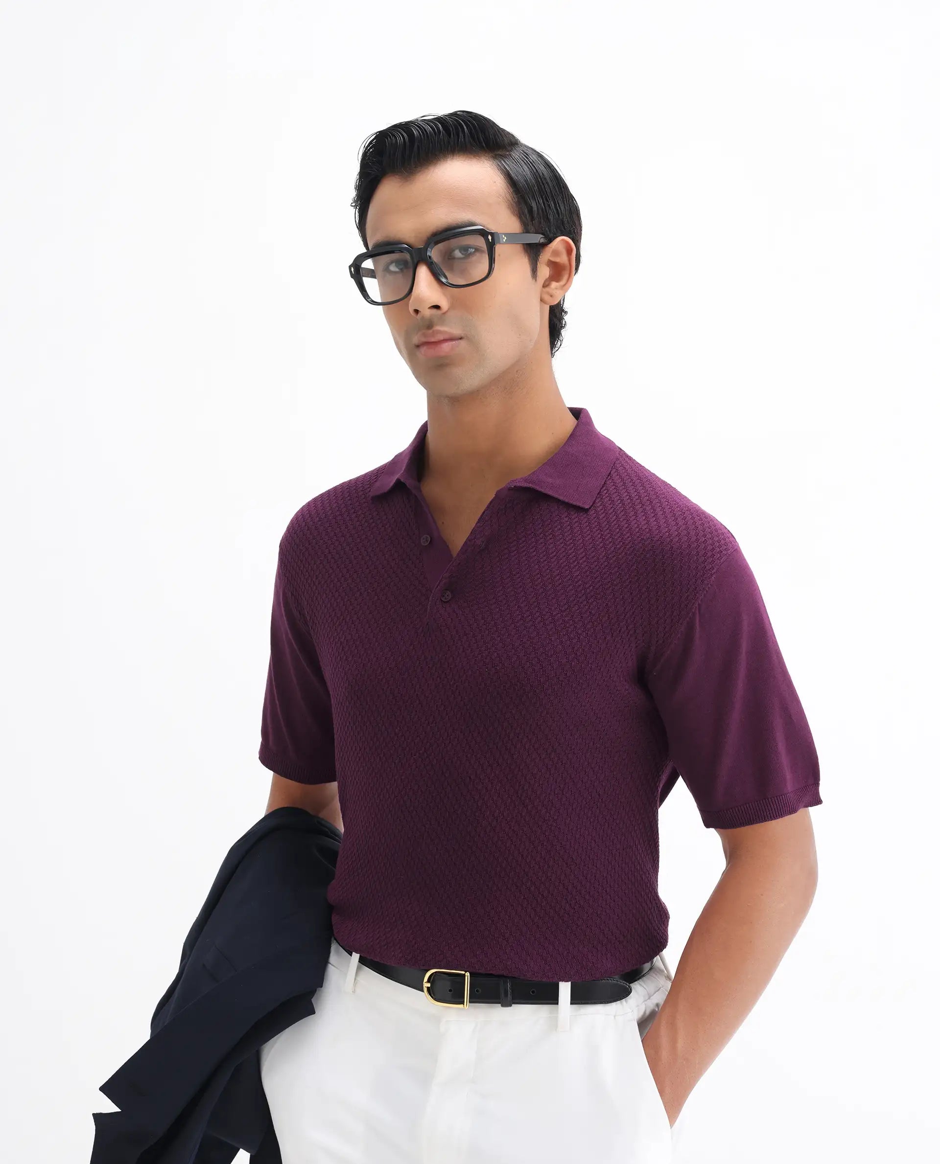 Rare Rabbit Men's Xas Dark Purple Cotton Textured Regular Fit Half Sleeve Polo