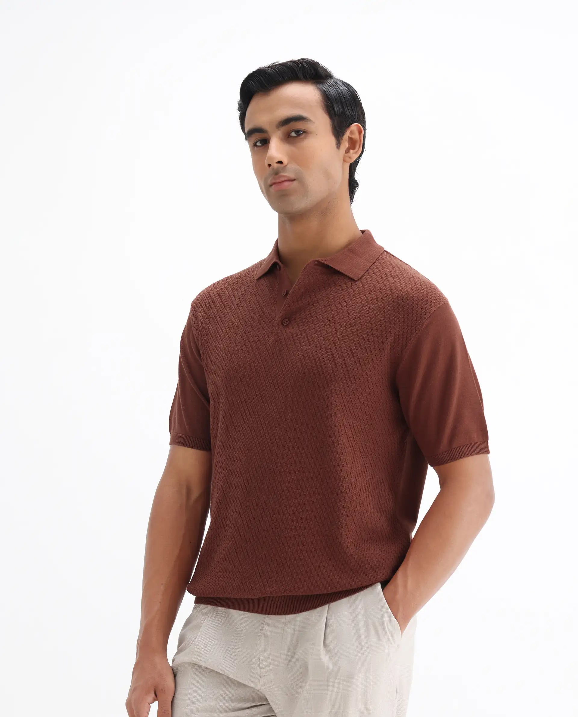 Rare Rabbit Men's Xas Rust Cotton Plain Regular Fit Half Sleeve Polo