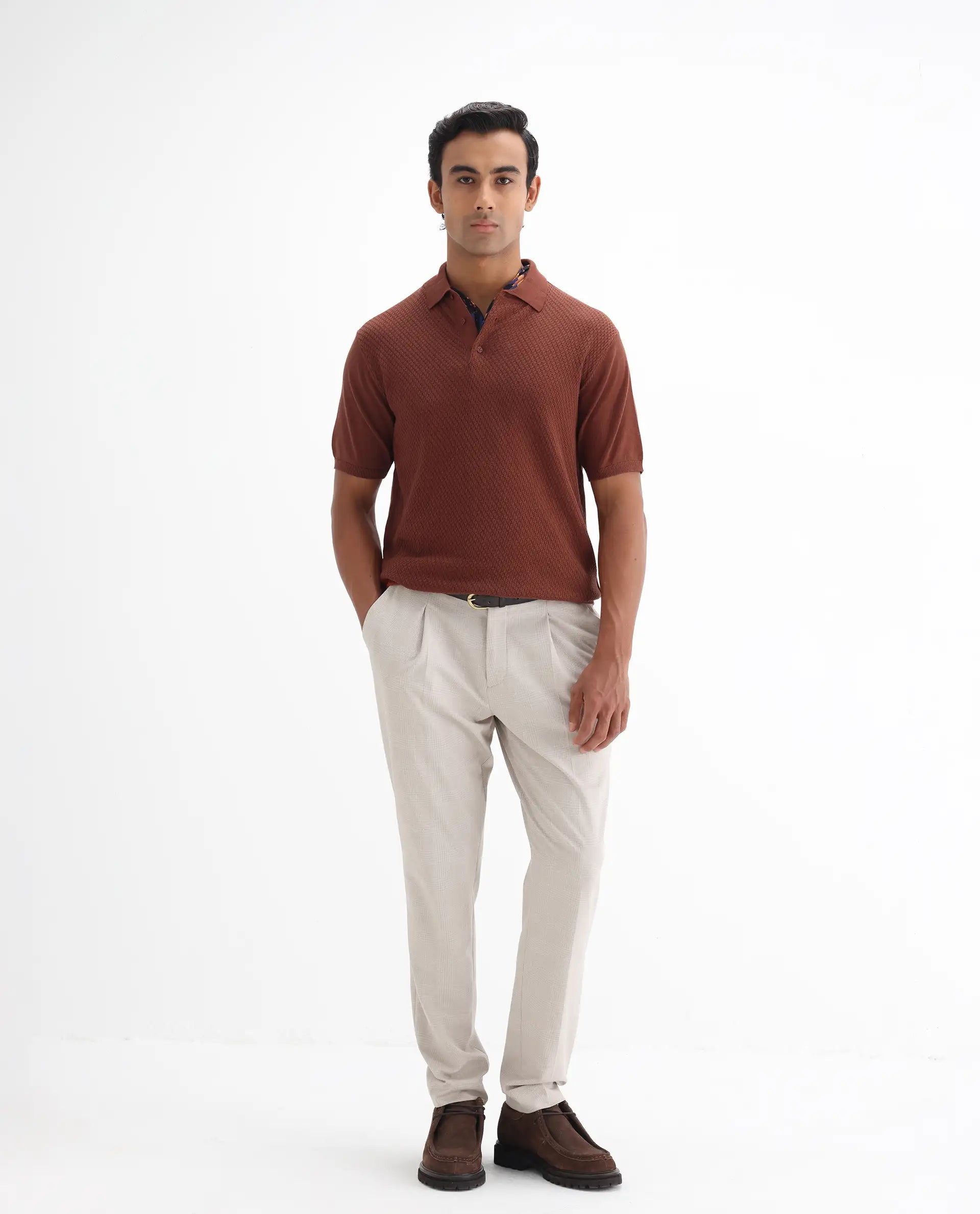 Rare Rabbit Men's Xas Rust Cotton Plain Regular Fit Half Sleeve Polo