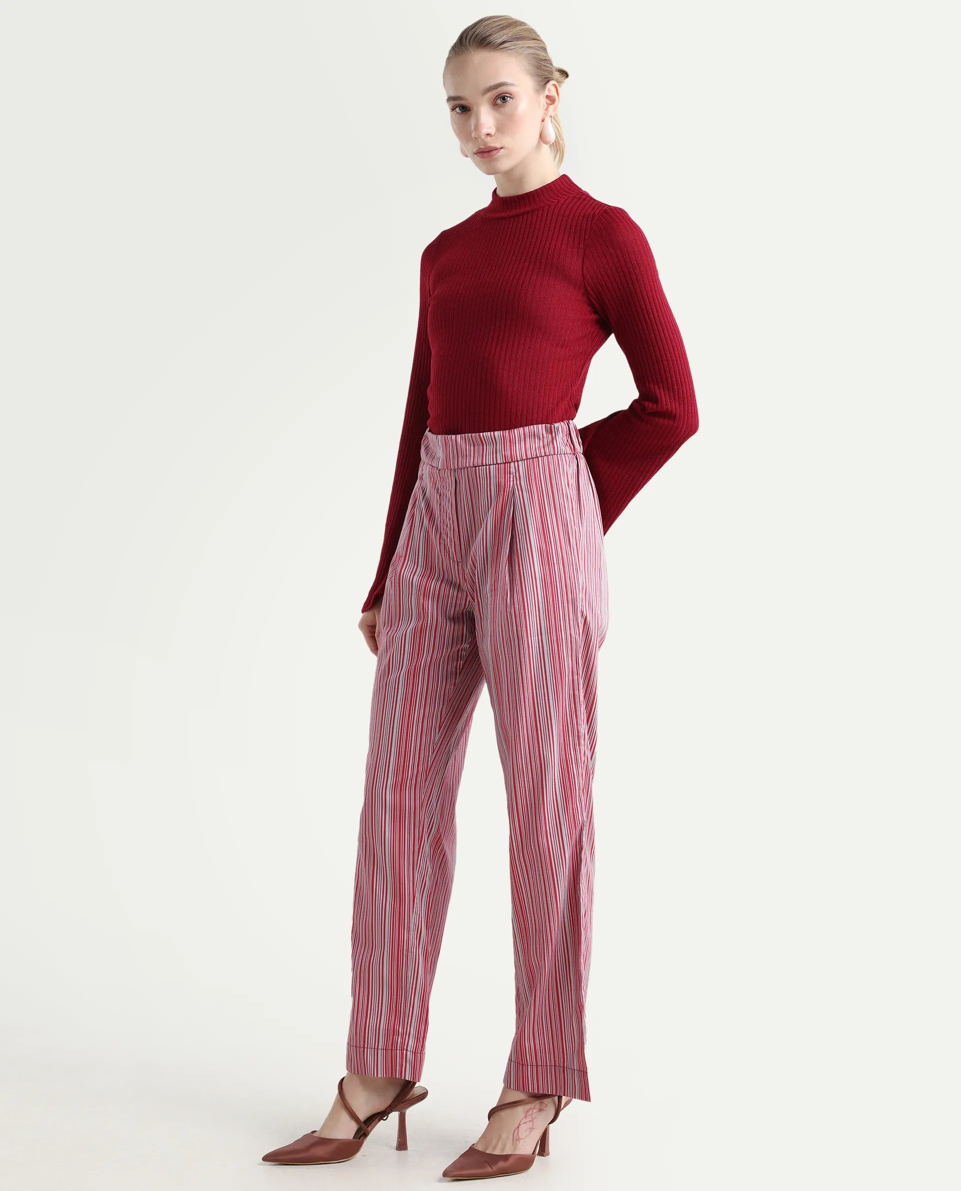 Rareism Women's Xavi Maroon Cotton Striped Ankle Length Tailored Trouser