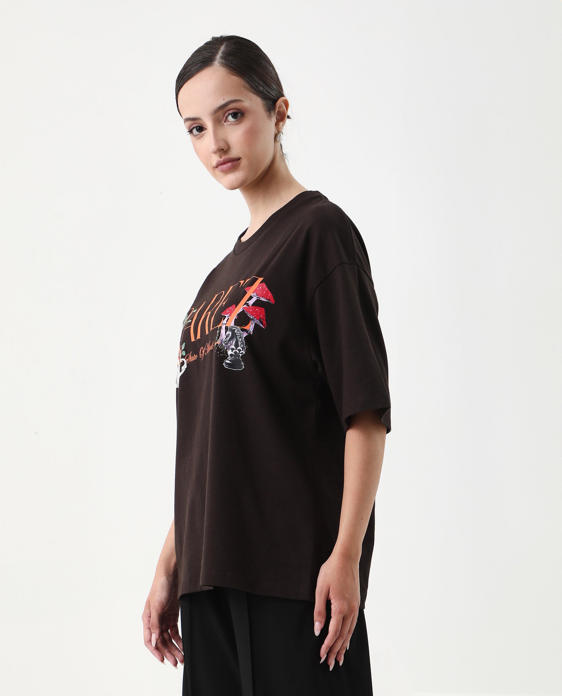 Rareism Women's Xena Brown Cotton Crew Neck Graphic Print Oversized T-Shirt