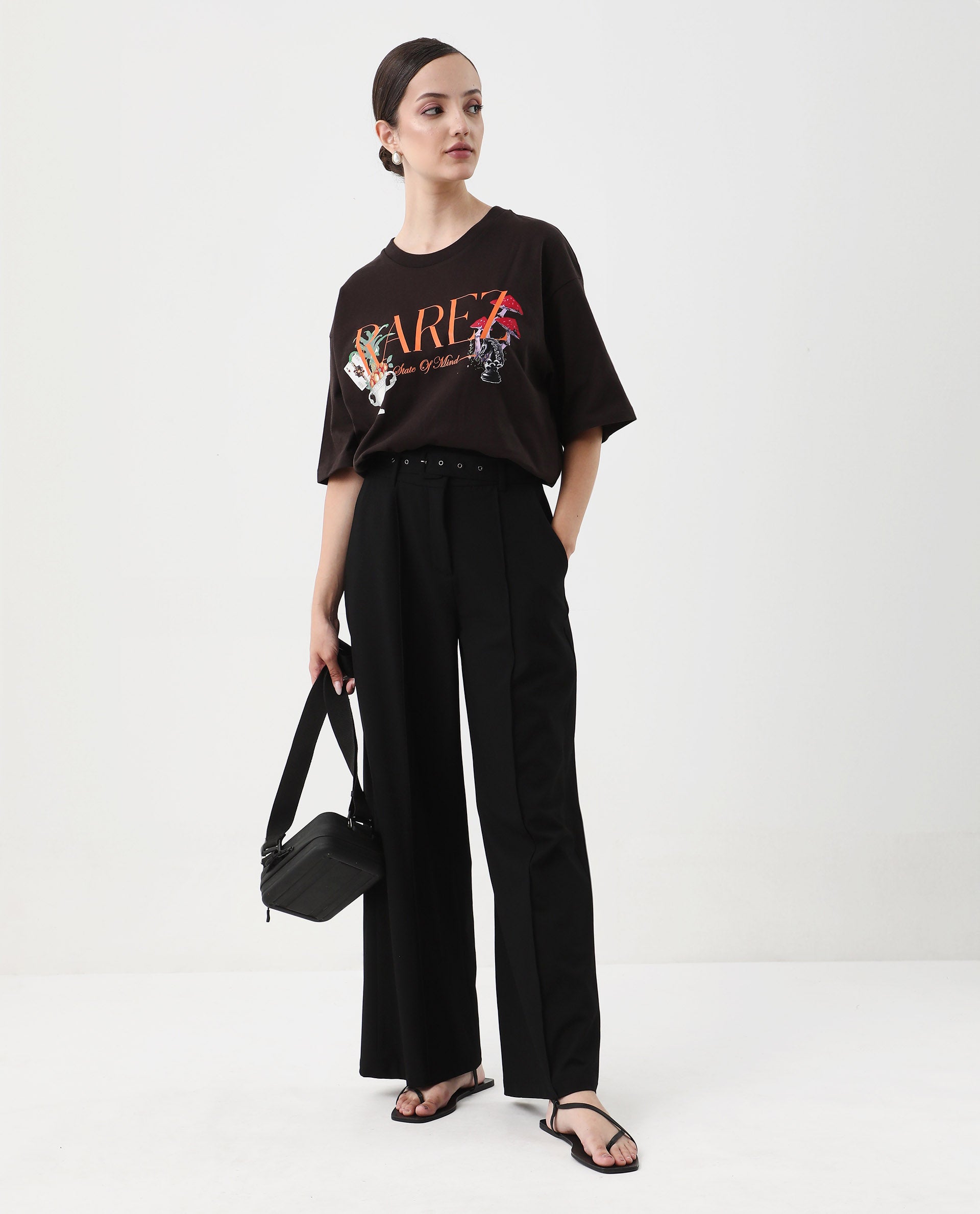 Rareism Women's Xena Brown Cotton Crew Neck Graphic Print Oversized T-Shirt