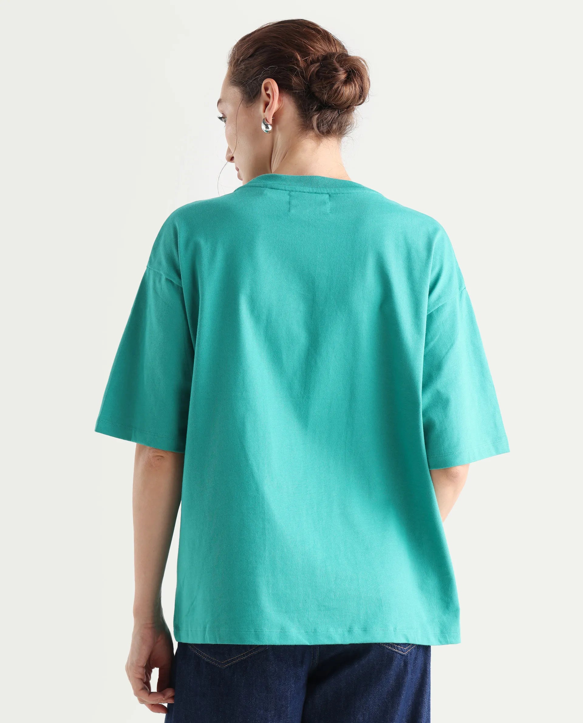 Rareism Women's Xena Green Cotton Crew Neck Graphic Print Oversized T-Shirt