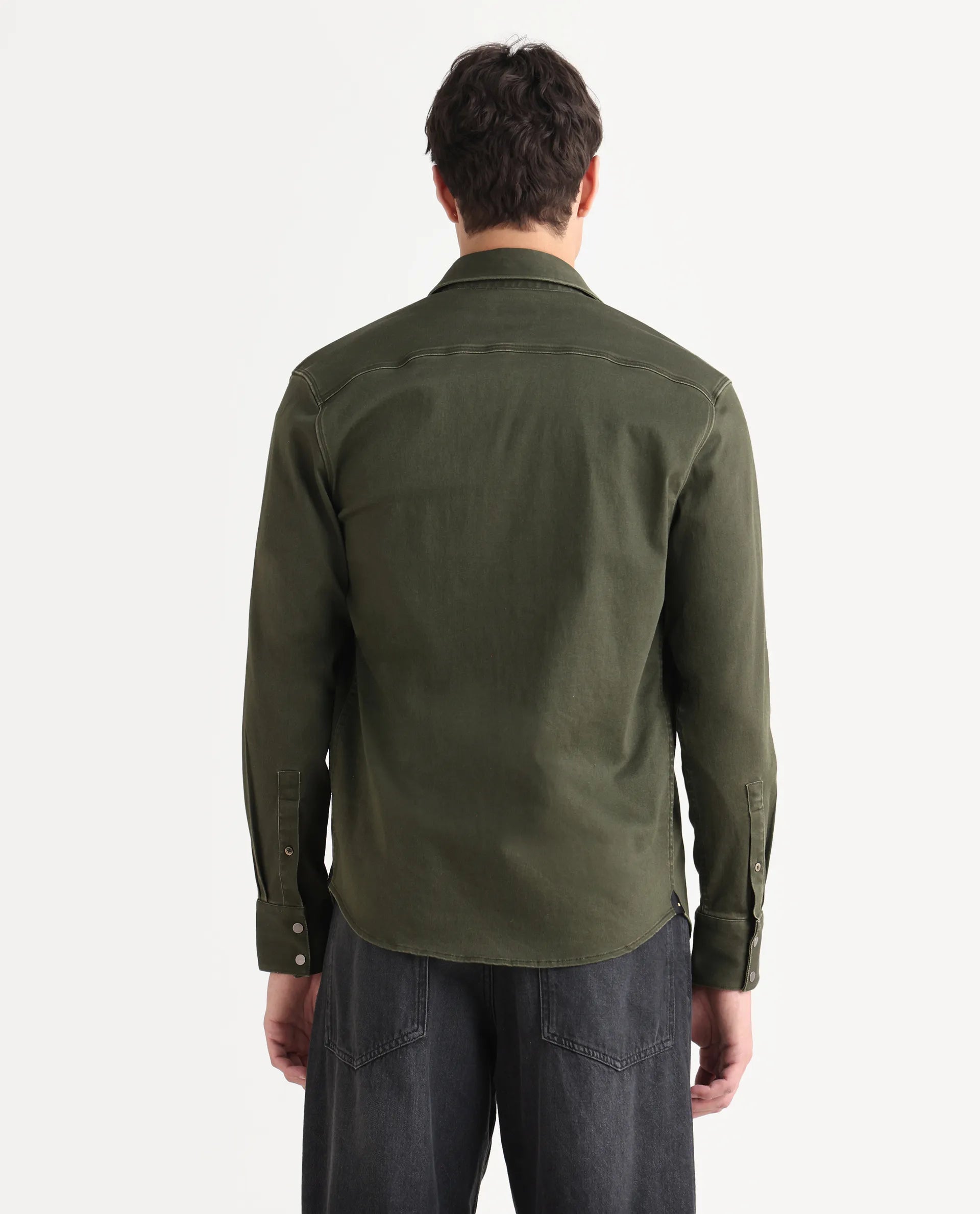 Rare Rabbit Men's Xenor 25 Dark Olive Cotton Plain Regular Fit Full Sleeve Collared Shirt