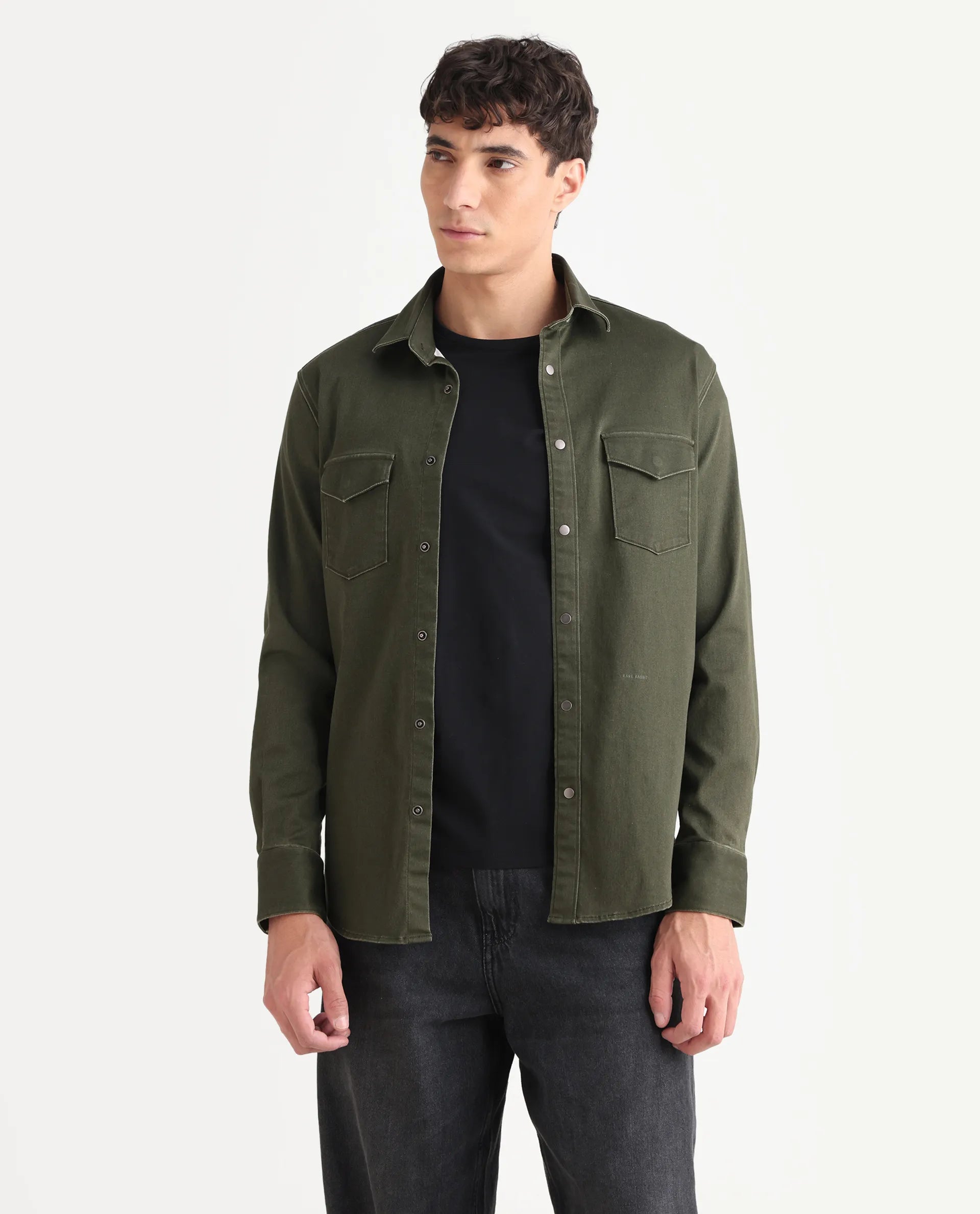 Rare Rabbit Men's Xenor 25 Dark Olive Cotton Plain Regular Fit Full Sleeve Collared Shirt