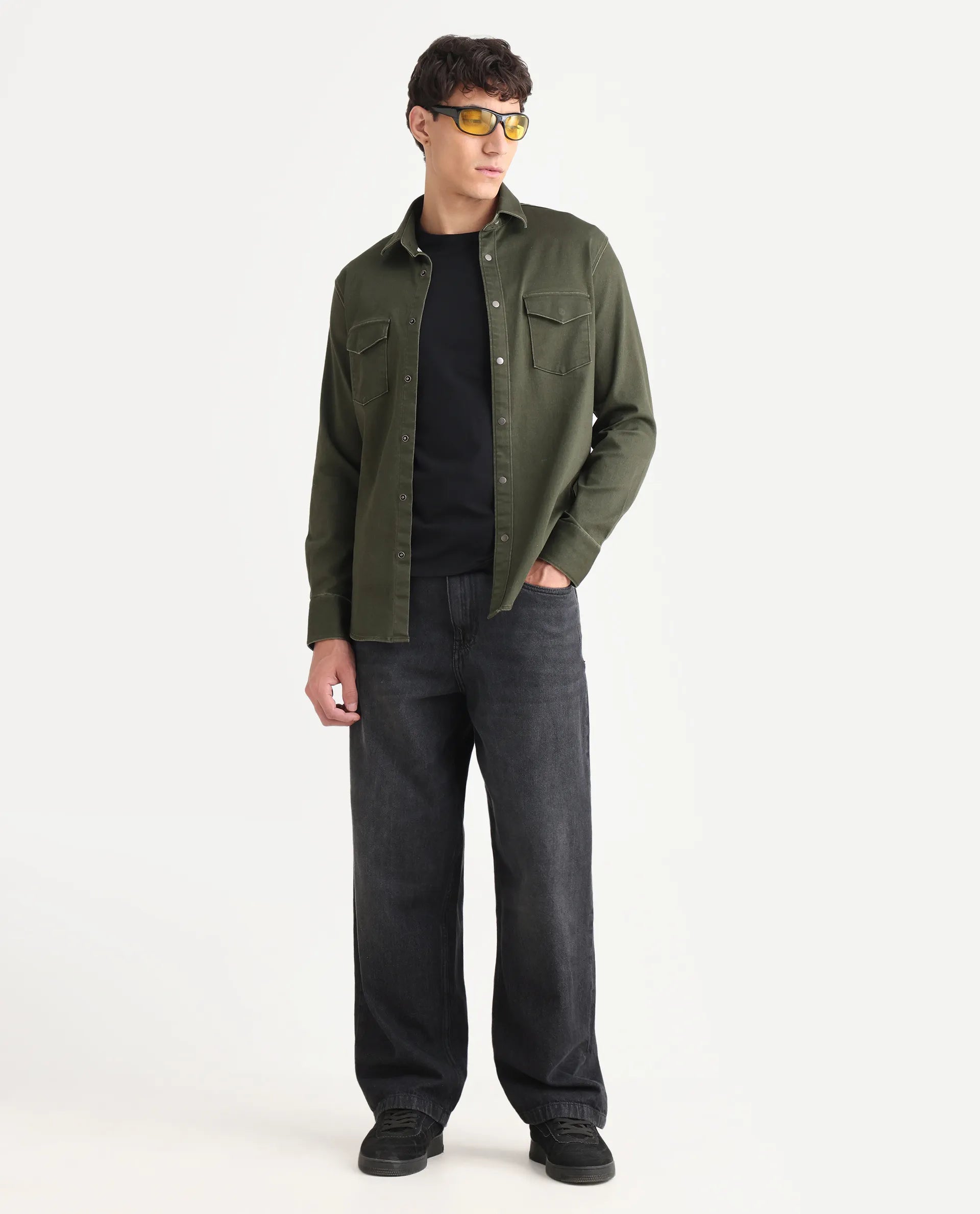 Rare Rabbit Men's Xenor 25 Dark Olive Cotton Plain Regular Fit Full Sleeve Collared Shirt