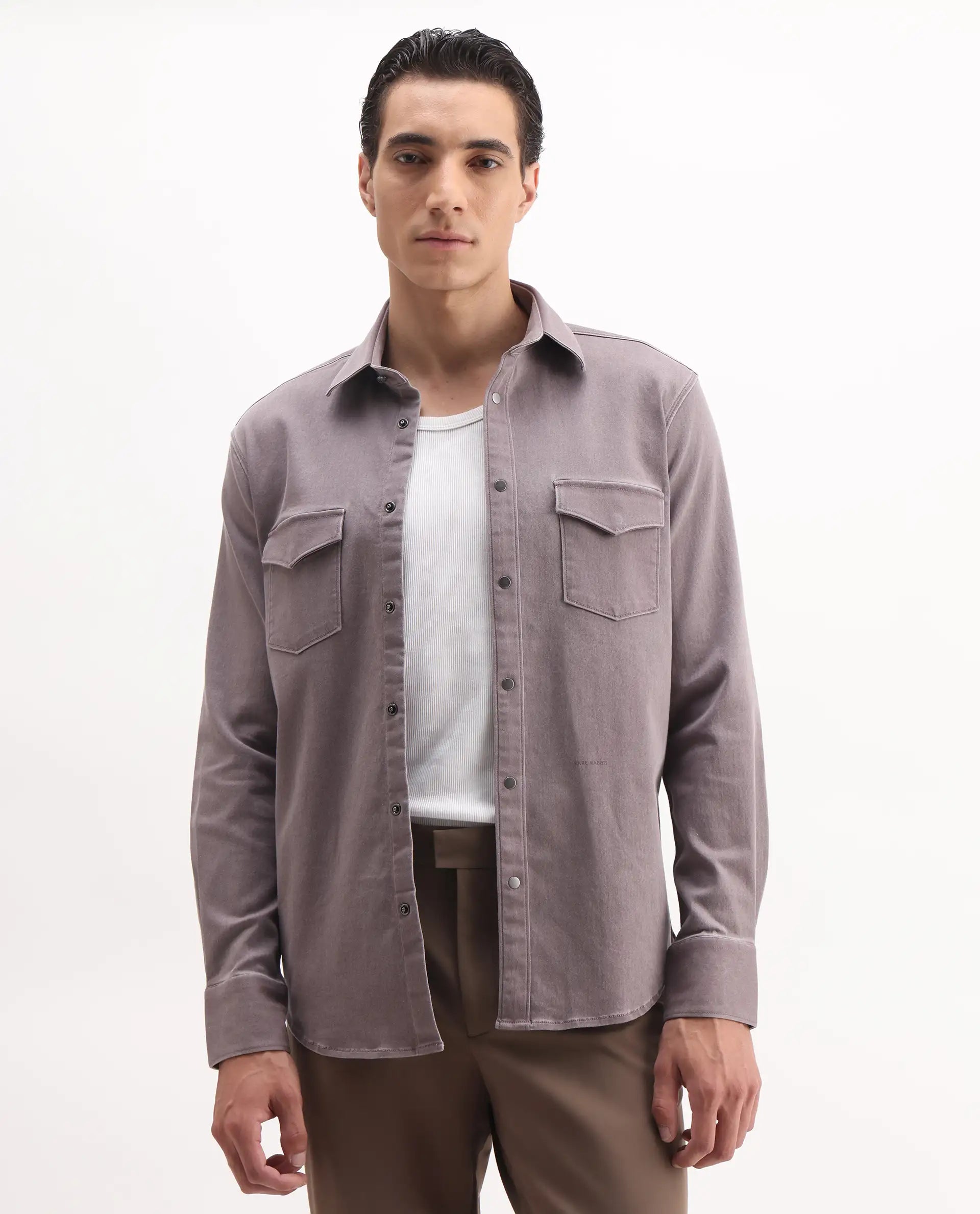Rare Rabbit Men's Xenor 25 Dusky Purple Cotton Plain Regular Fit Full Sleeve Collared Shirt