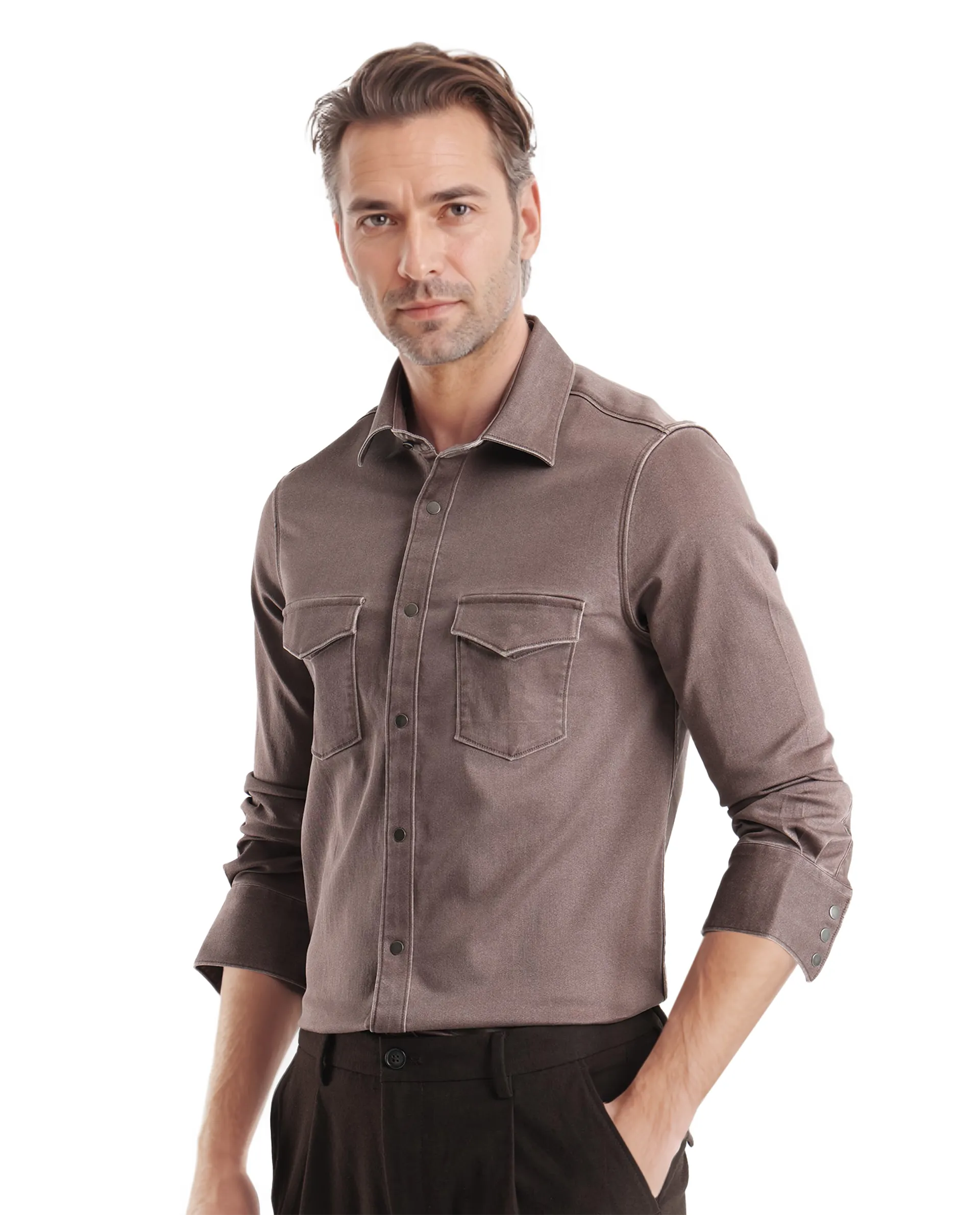 Rare Rabbit Men Xenor Brown Full Sleeve Collared Neck Button Closure Plain Shirt