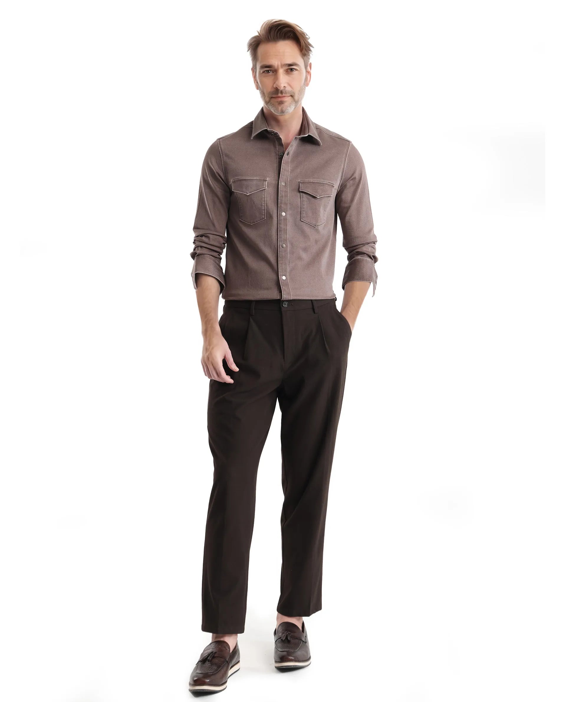 Rare Rabbit Men Xenor Brown Full Sleeve Collared Neck Button Closure Plain Shirt