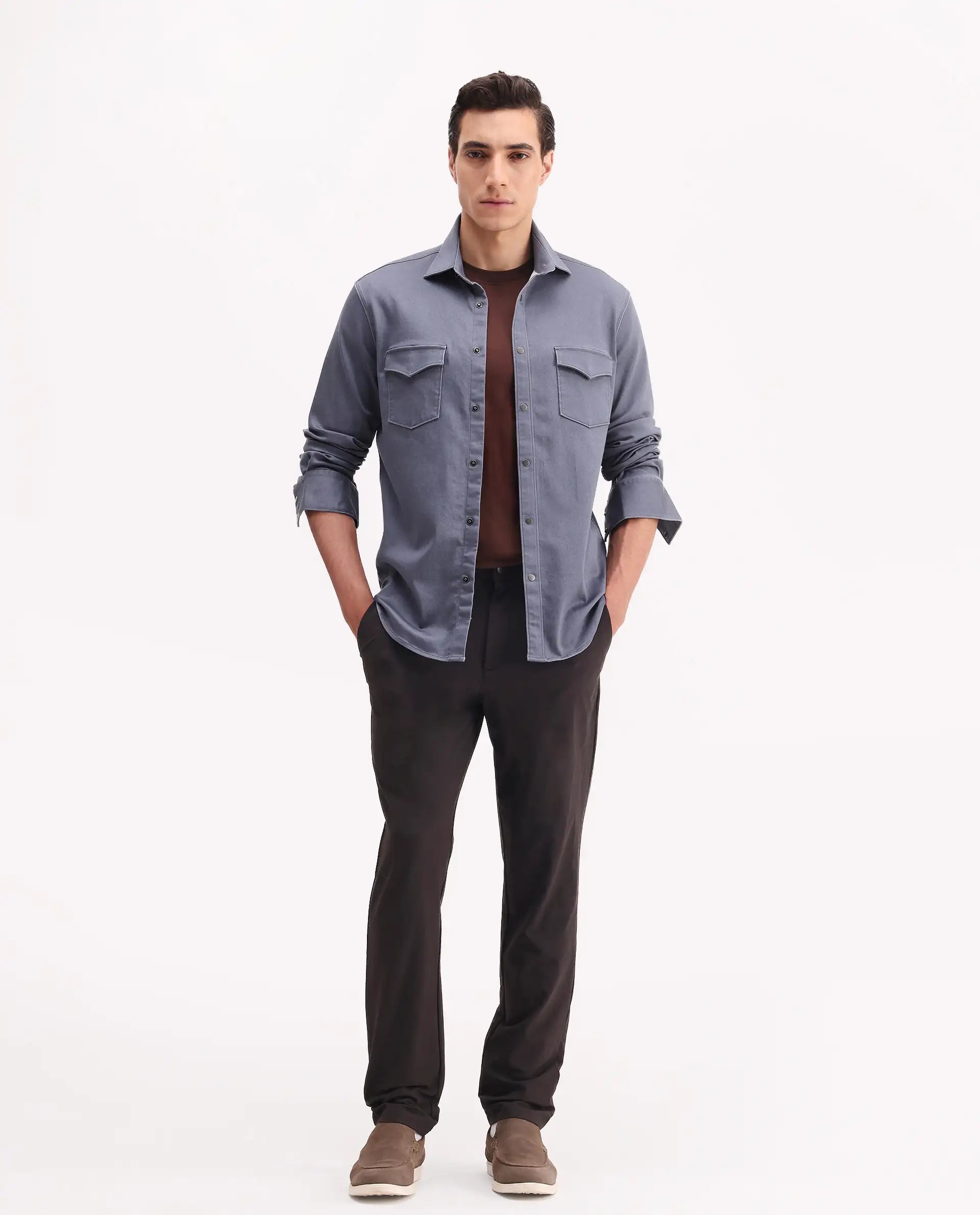 Rare Rabbit Men's Xenor 25 Dusky Blue Cotton Plain Regular Fit Full Sleeve Collared Shirt