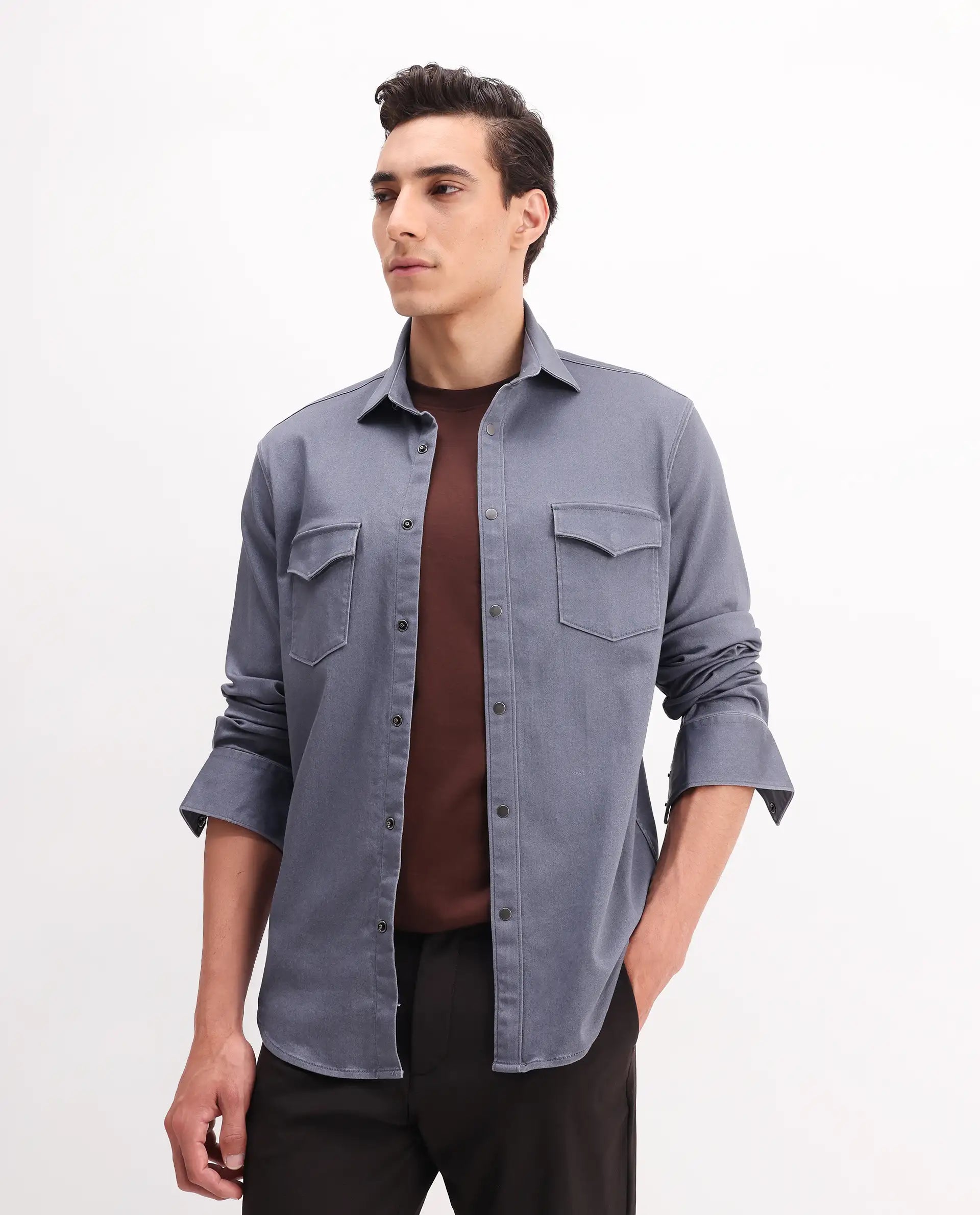 Rare Rabbit Men's Xenor 25 Dusky Blue Cotton Plain Regular Fit Full Sleeve Collared Shirt