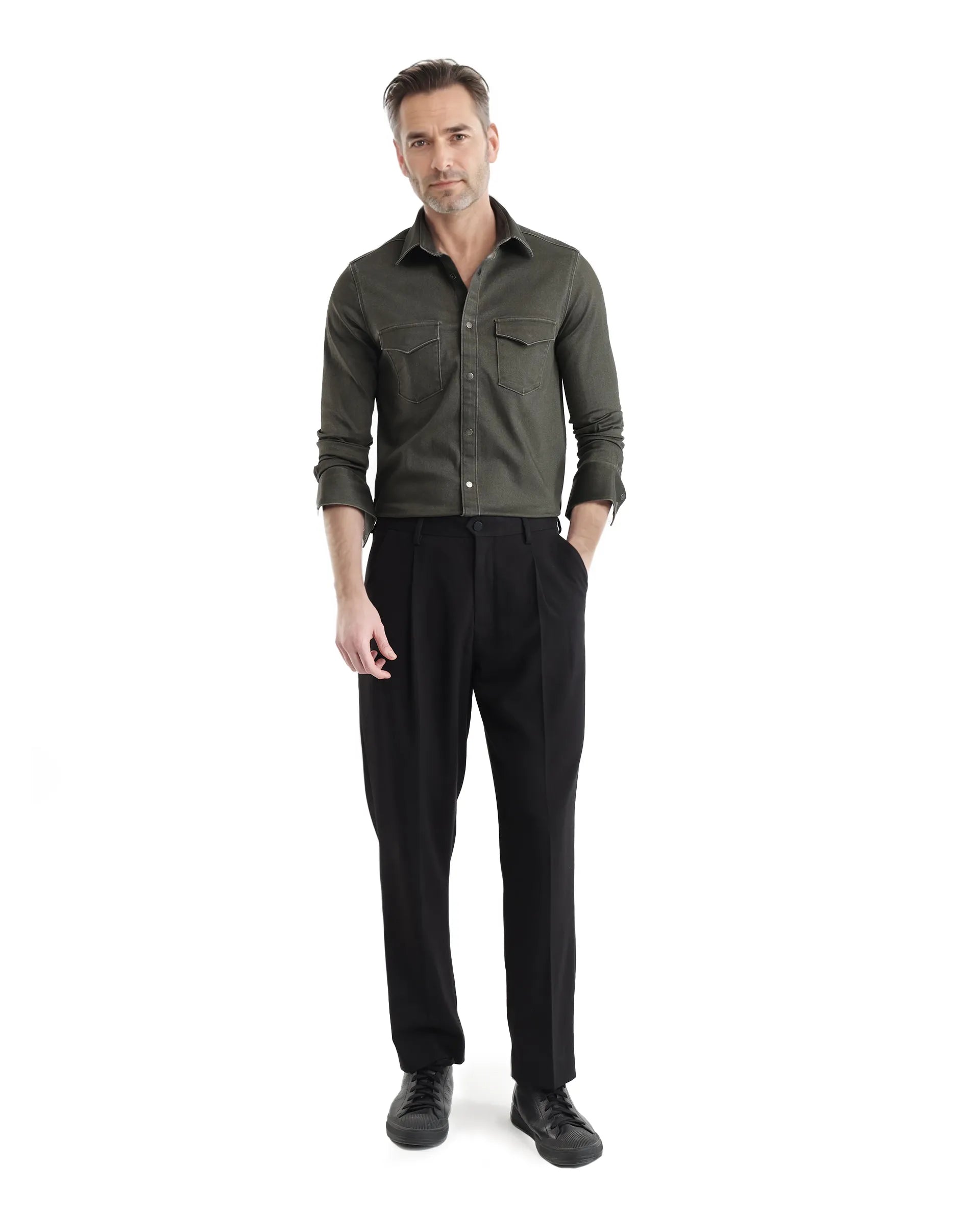 Rare Rabbit Men Xenor Olive Full Sleeve Collared Neck Plain Shirt