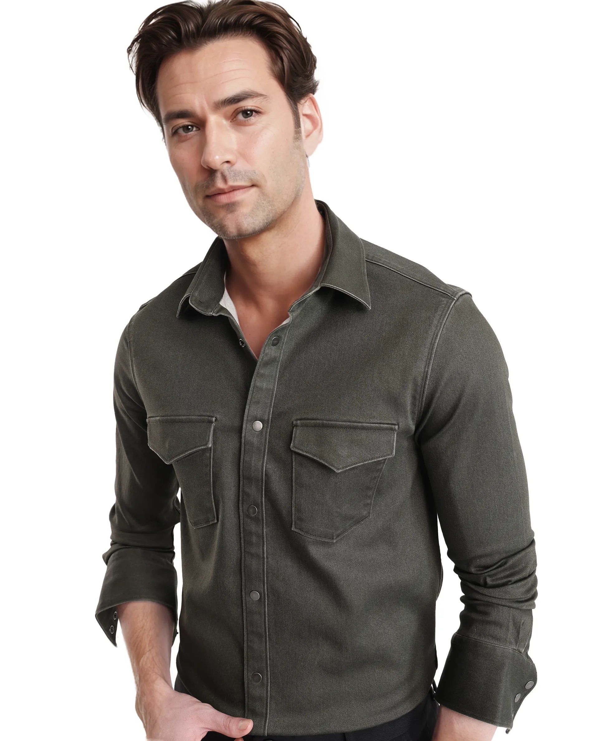 Rare Rabbit Men Xenor Olive Full Sleeve Collared Neck Plain Shirt