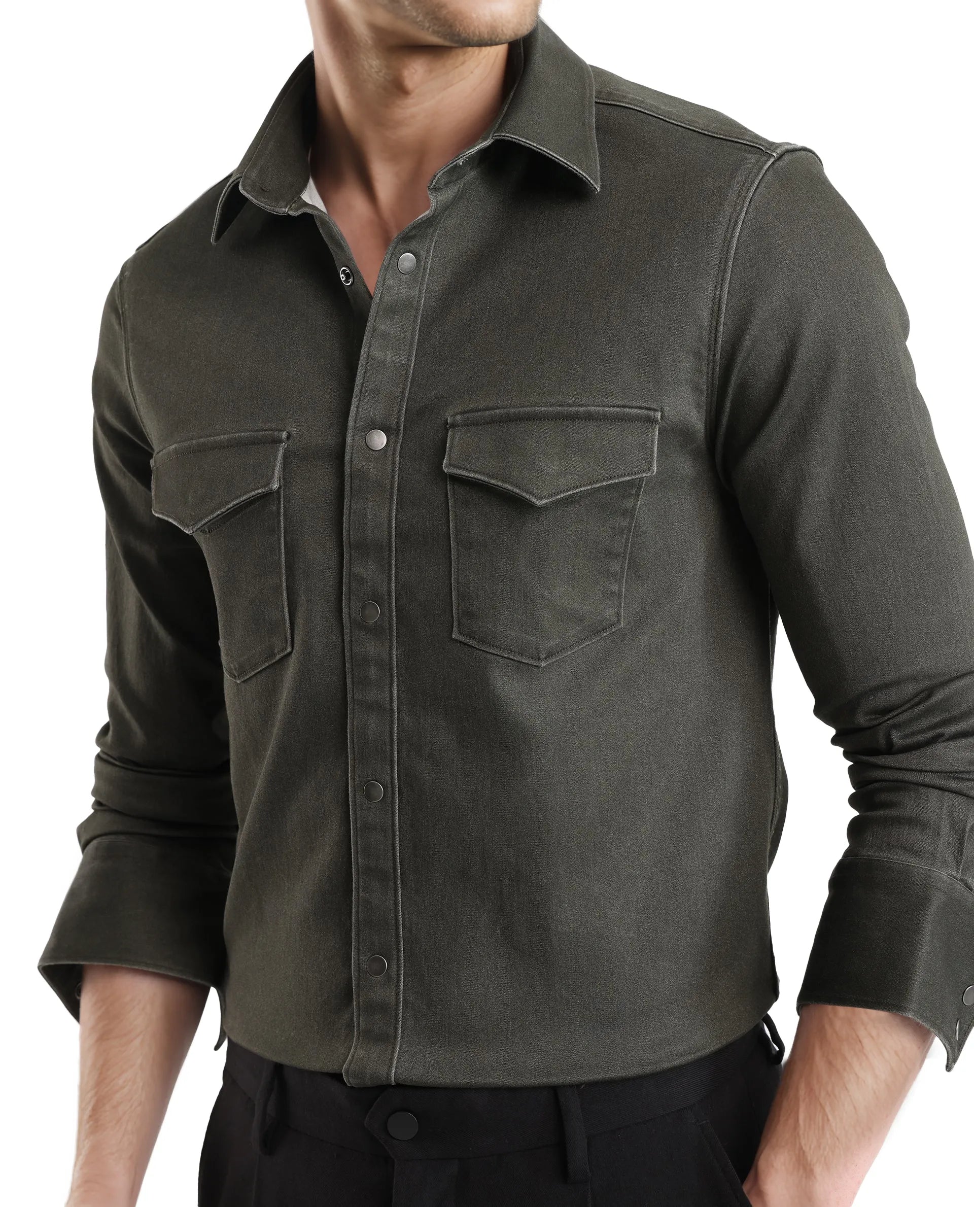 Rare Rabbit Men Xenor Olive Full Sleeve Collared Neck Plain Shirt