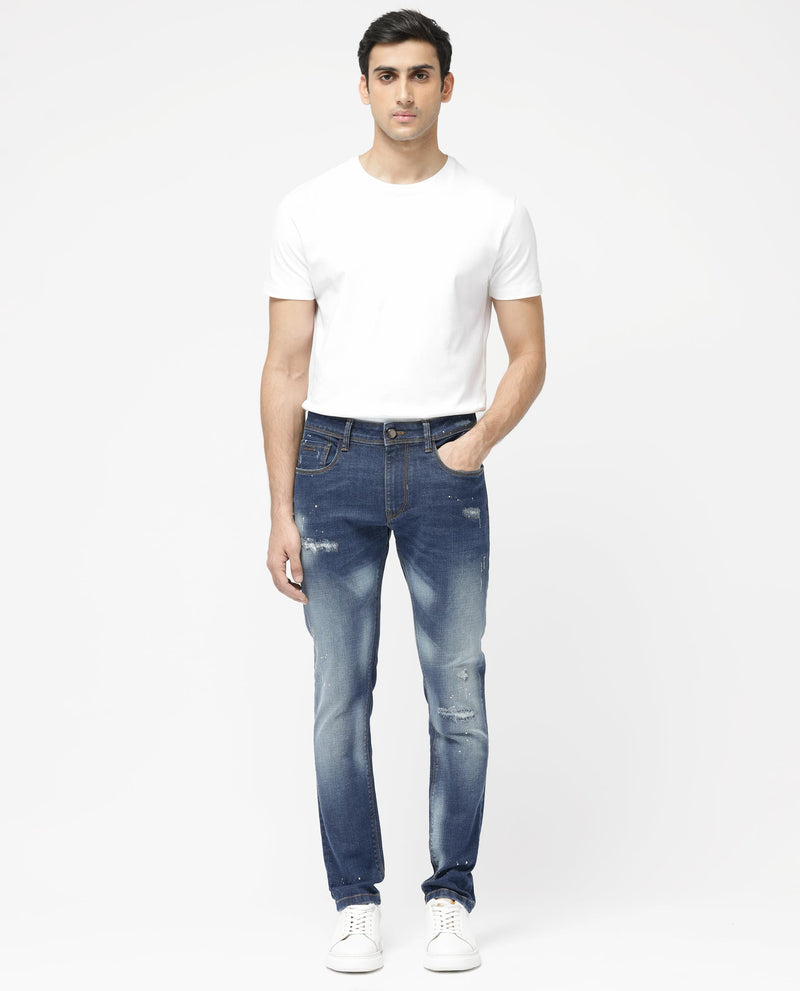 Rare Rabbit Mens Xian Blue Cotton Polyester Solid Slim Fit Jeans