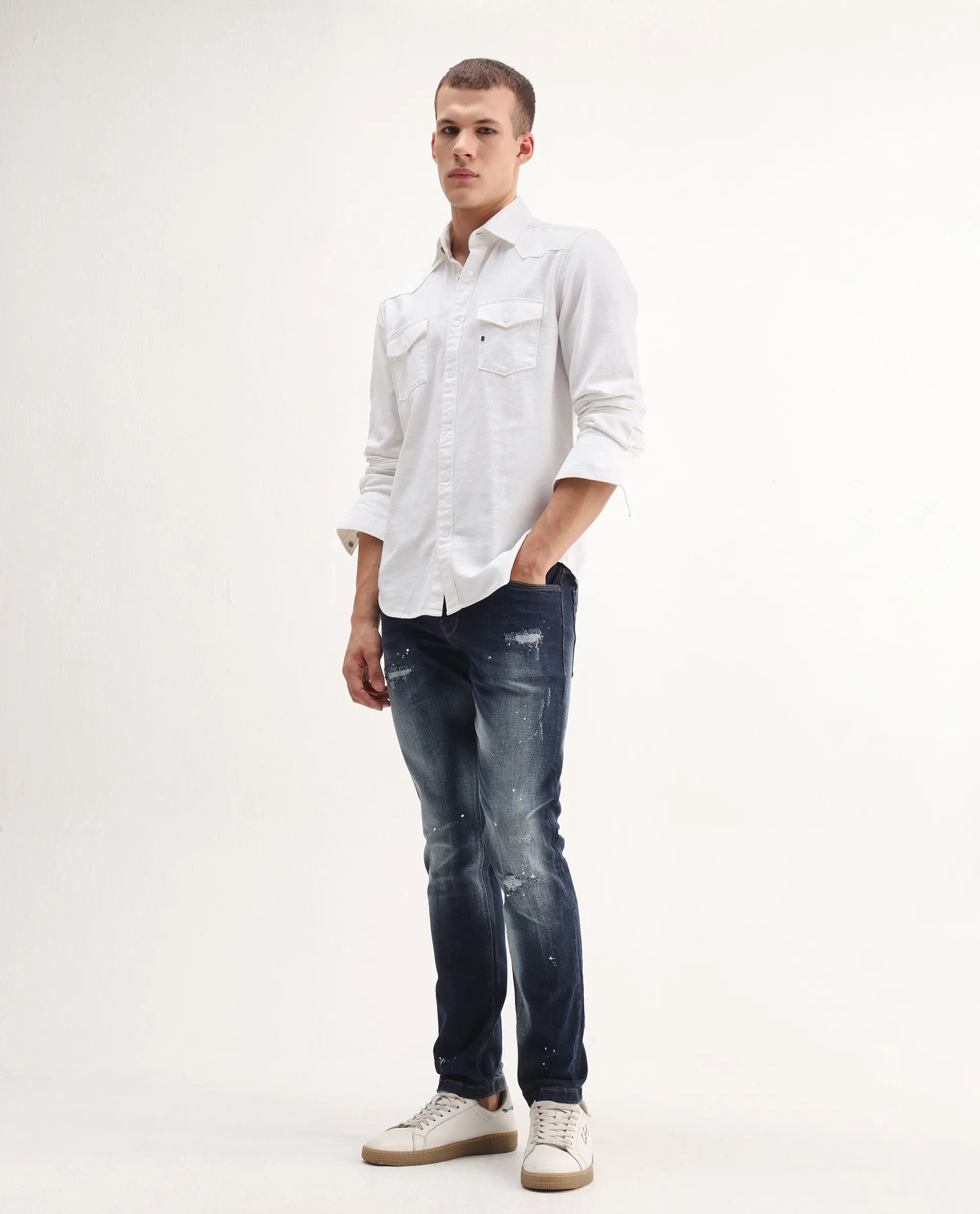 Rare Rabbit Men's Xian Blue Cotton Blend Plain Hawk Slim Fit Jeans