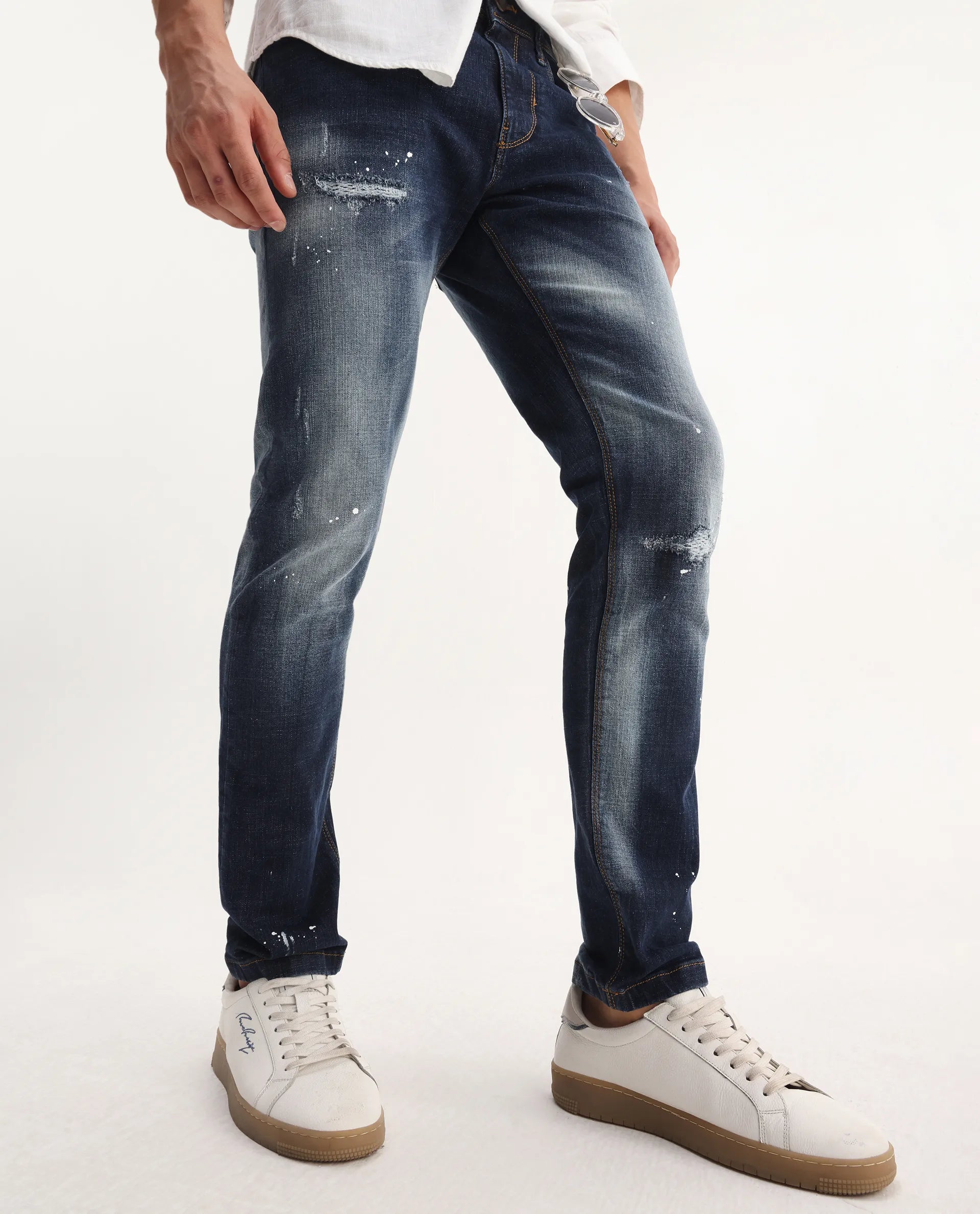 Rare Rabbit Men's Xian Blue Cotton Blend Plain Hawk Slim Fit Jeans