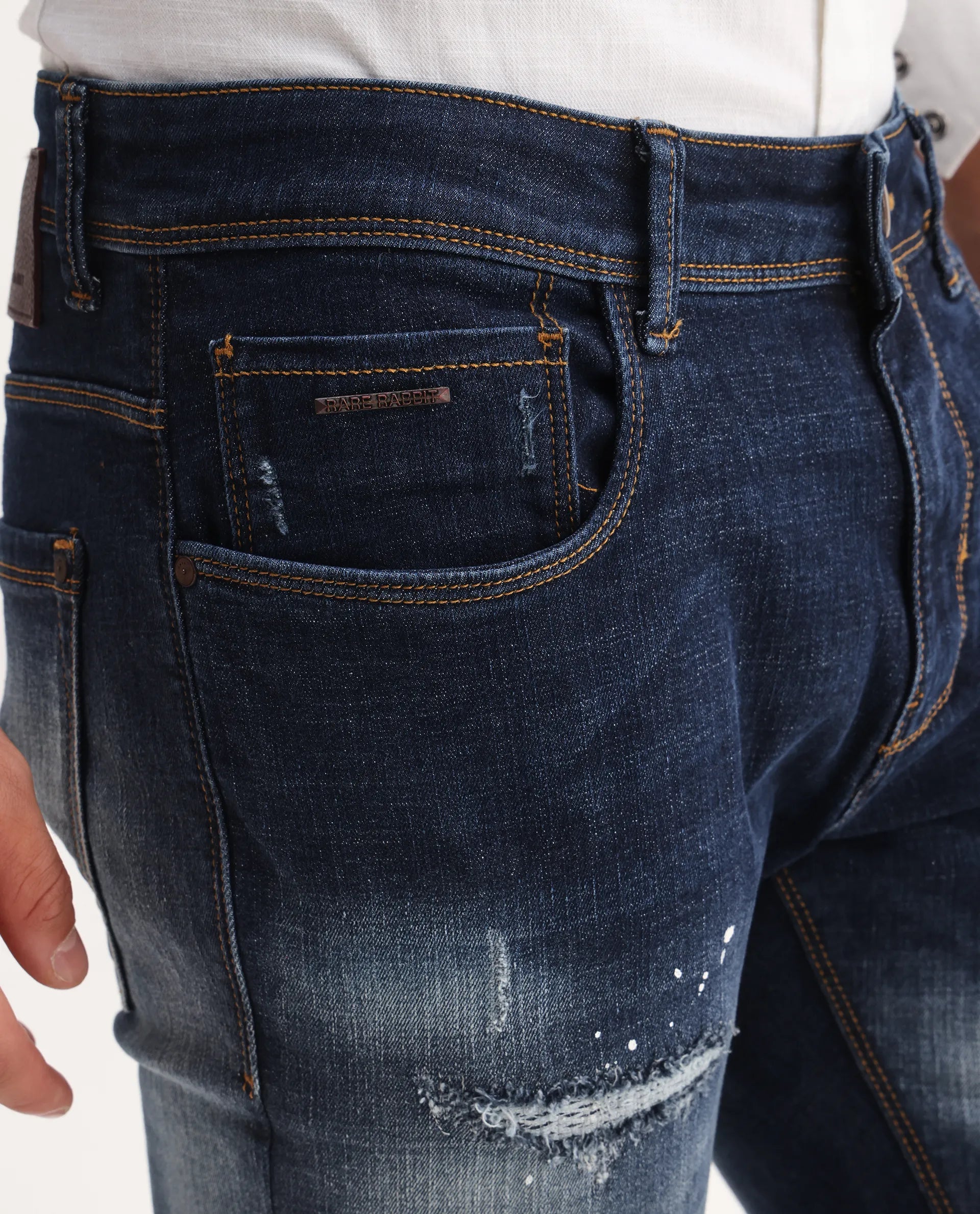 Rare Rabbit Men's Xian Blue Cotton Blend Plain Hawk Slim Fit Jeans