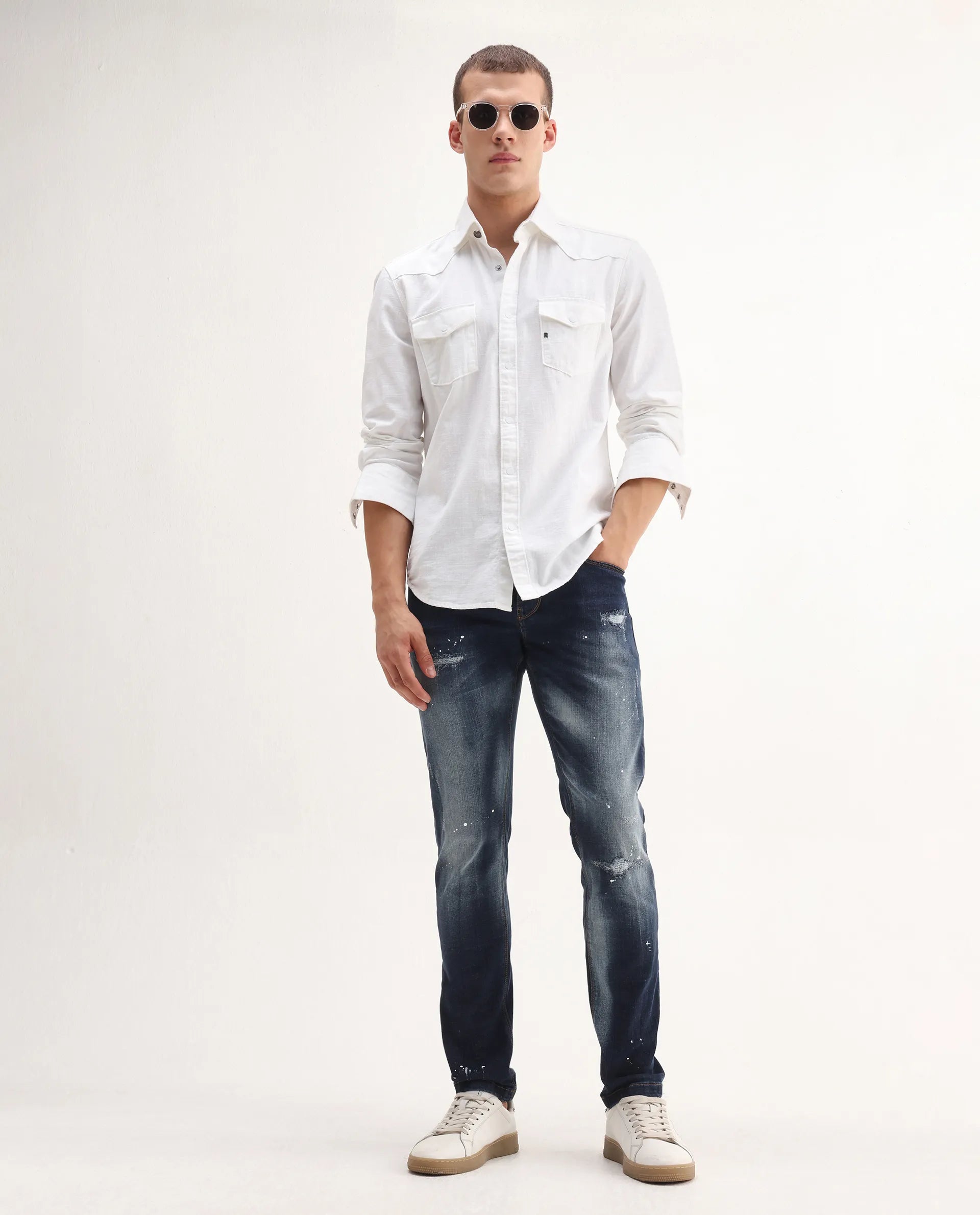 Rare Rabbit Men's Xian Blue Cotton Blend Plain Hawk Slim Fit Jeans