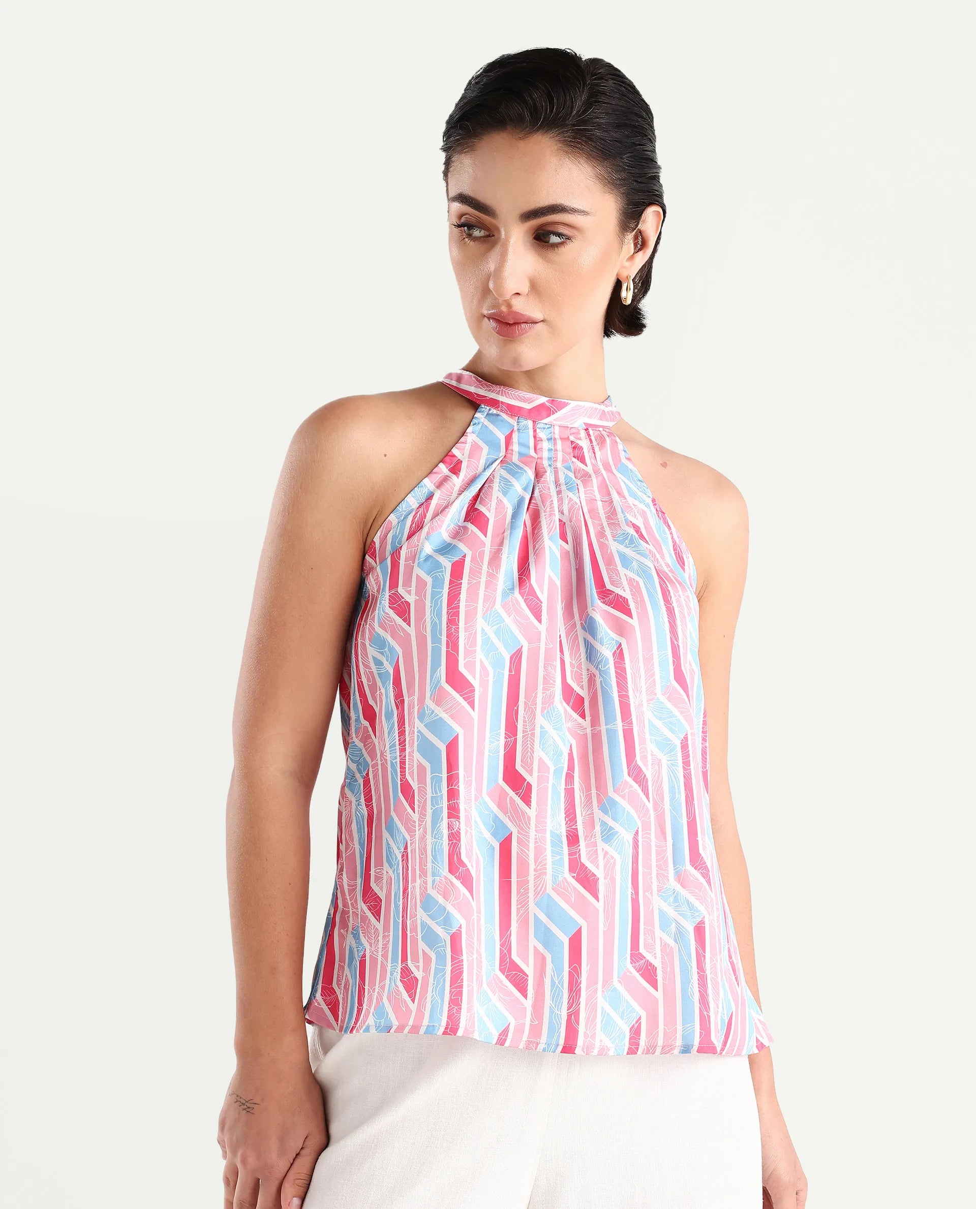 Rareism Women's Xico Light Multi Polyester Halter Neck Geometric Print Sleeveless Regular Fit Top