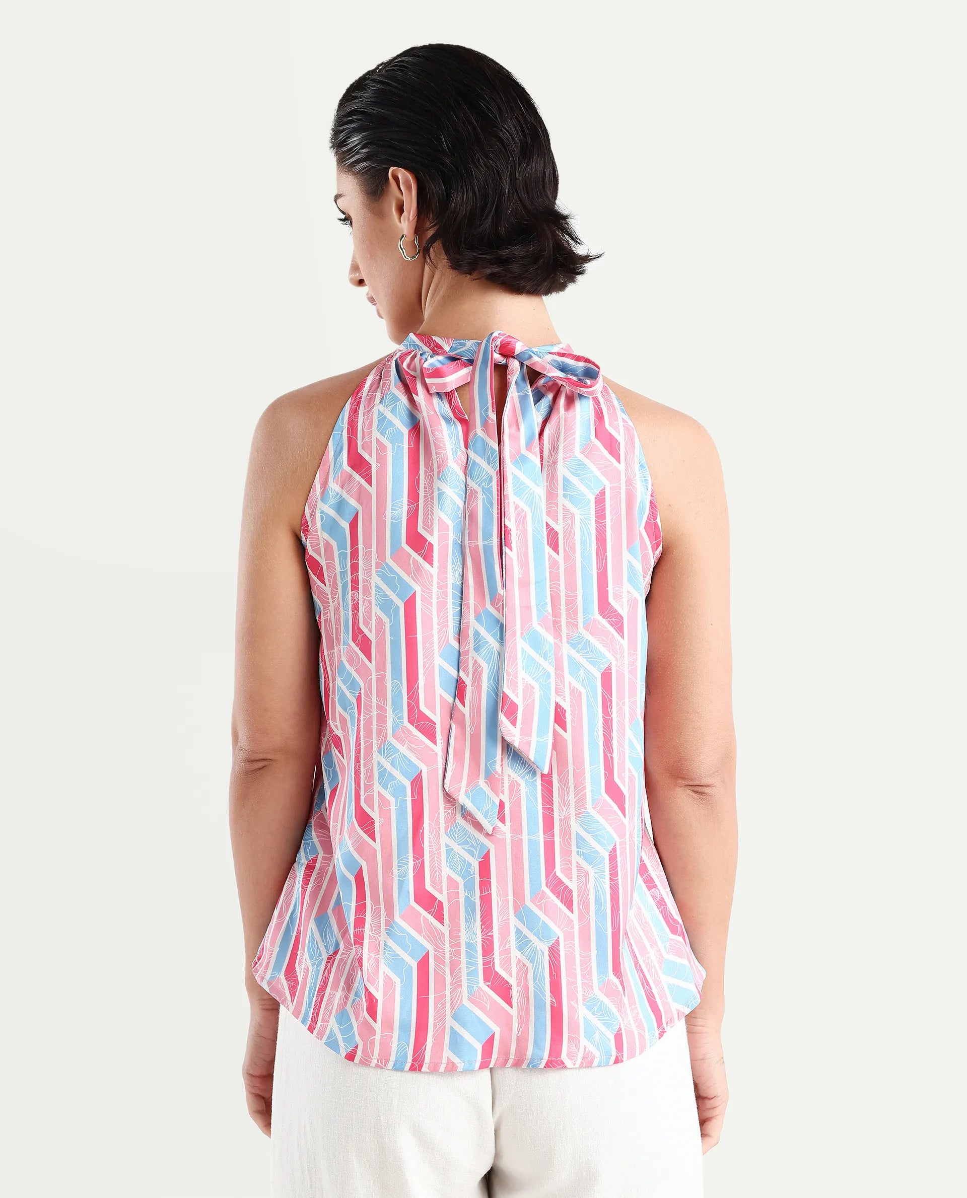 Rareism Women's Xico Light Multi Polyester Halter Neck Geometric Print Sleeveless Regular Fit Top