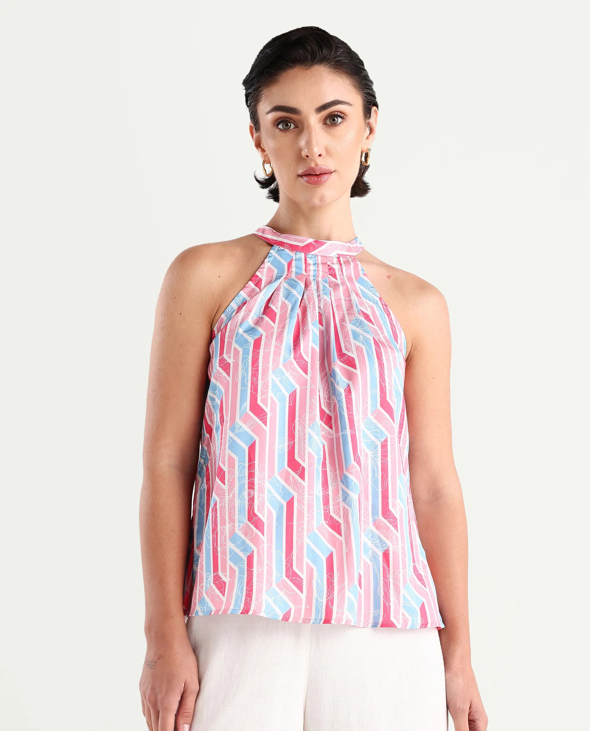 Rareism Women's Xico Light Multi Polyester Halter Neck Geometric Print Sleeveless Regular Fit Top