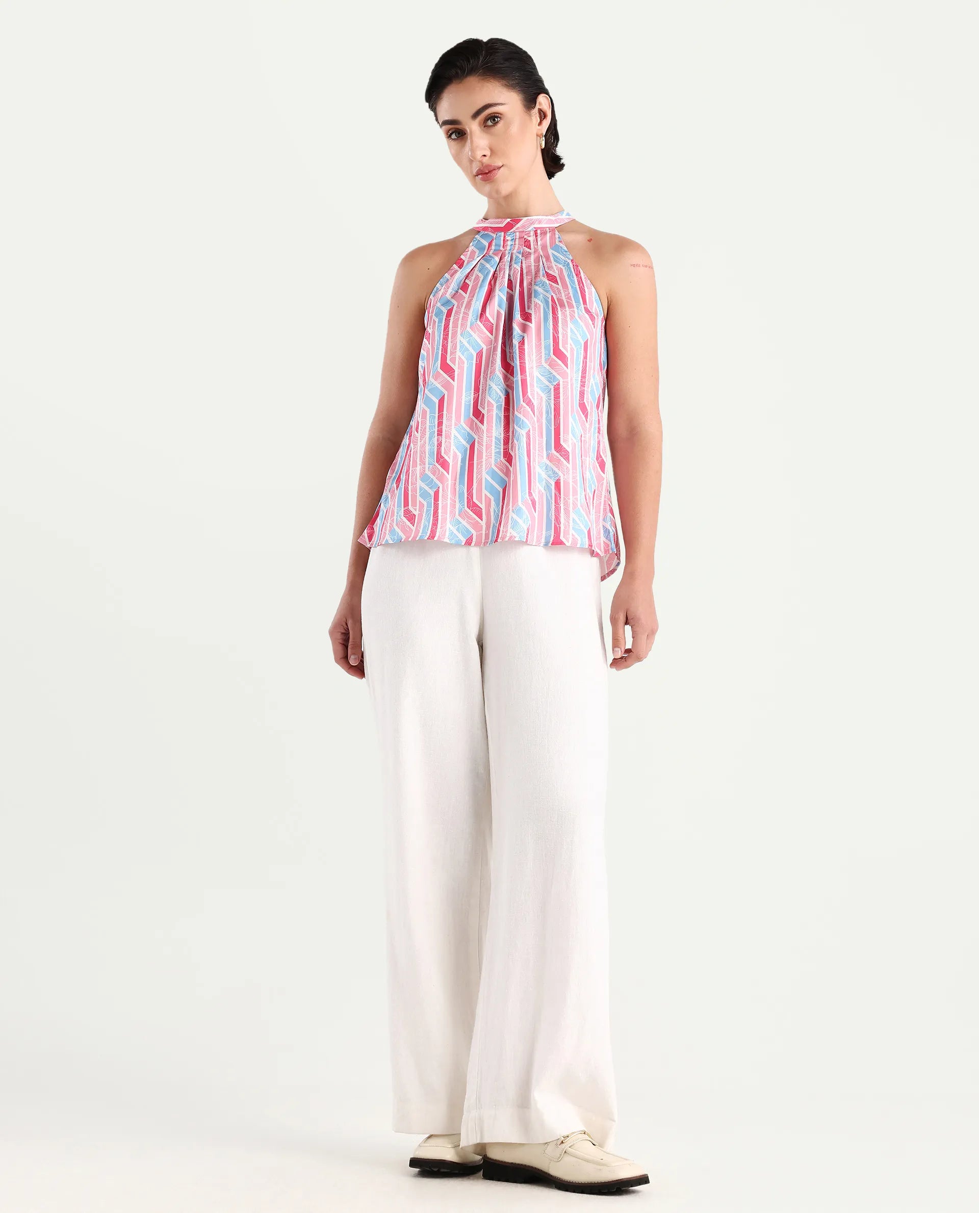 Rareism Women's Xico Light Multi Polyester Halter Neck Geometric Print Sleeveless Regular Fit Top