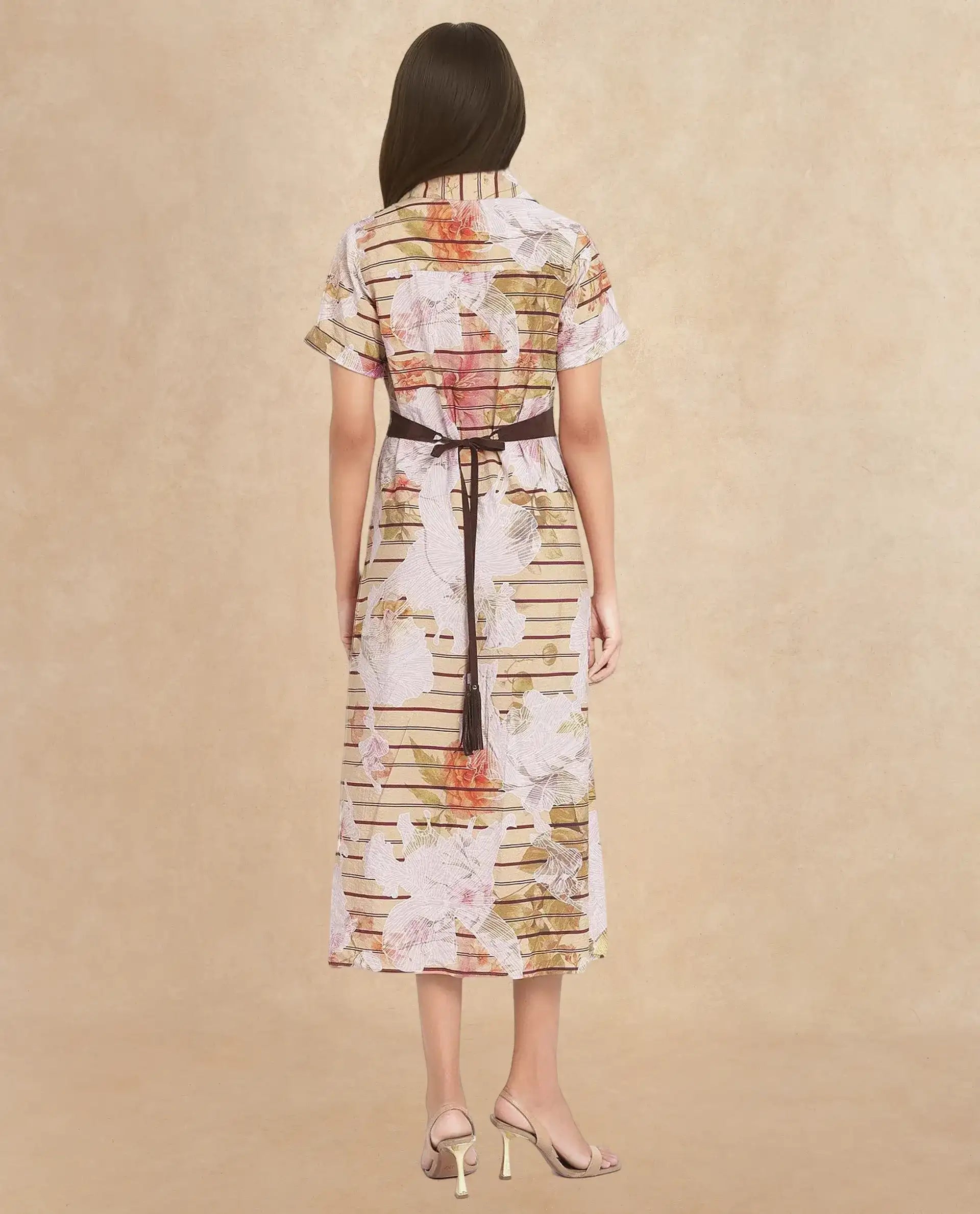 Rareism Women Xina Brown Short Sleeve Collared Neck Button Closure A-Line Maxi Floral Print Dress