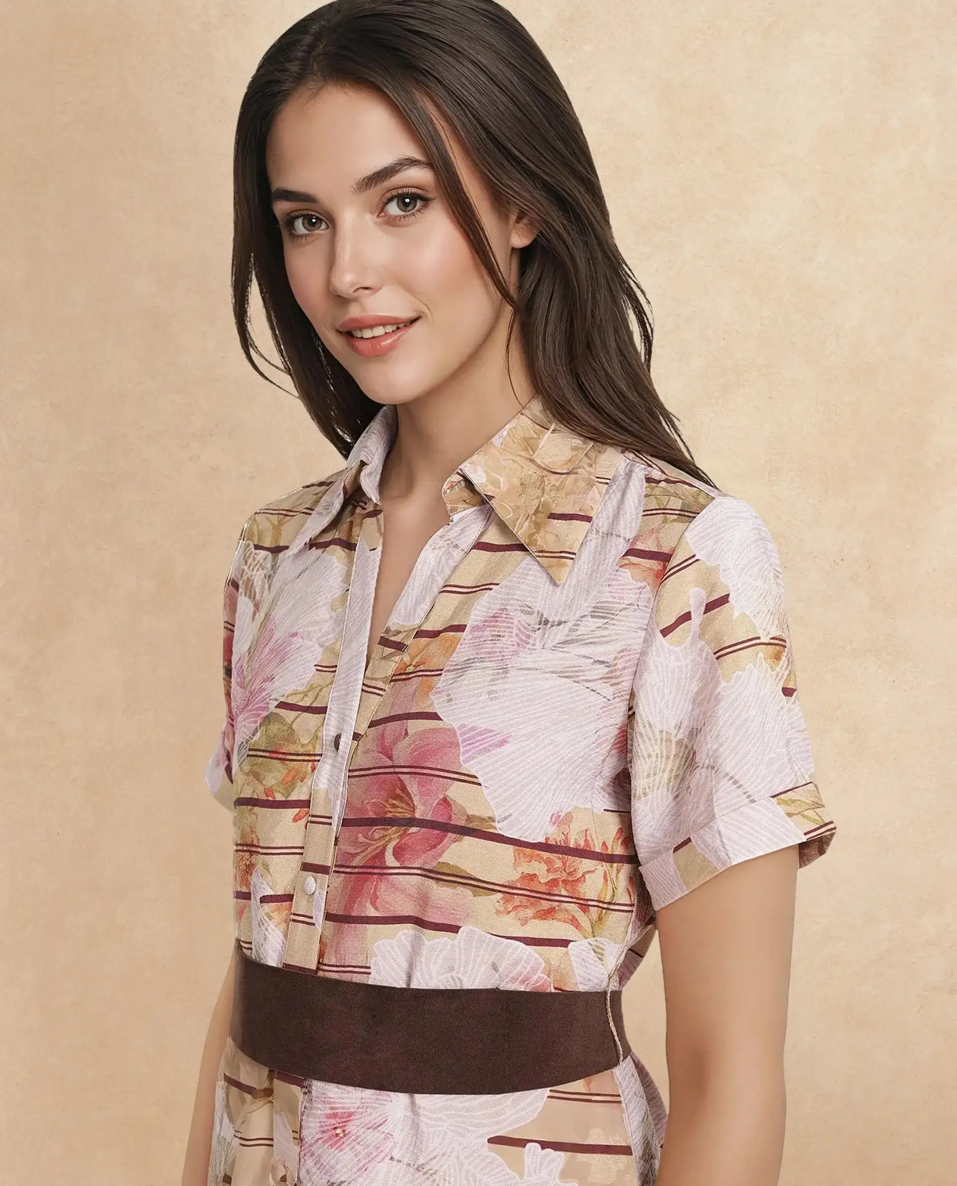 Rareism Women Xina Brown Short Sleeve Collared Neck Button Closure A-Line Maxi Floral Print Dress