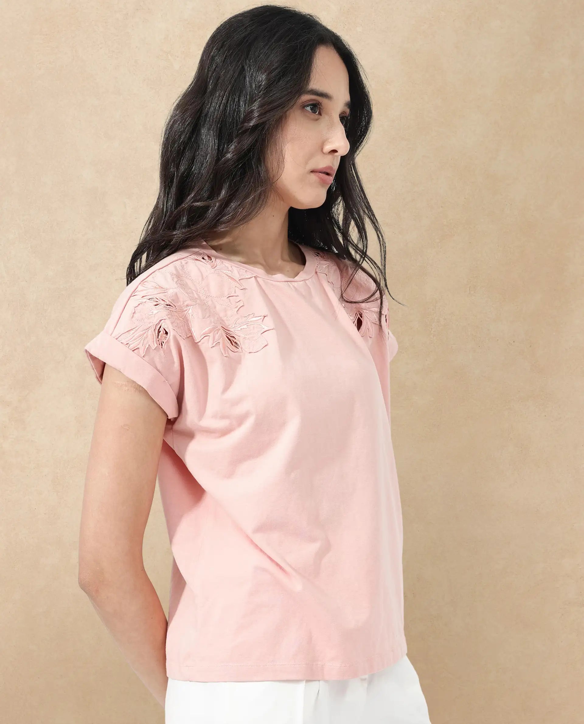 Rareism Women Xinia Light Peach Cotton Elastane Fabric Crew Neck Knit Solid T-Shirt