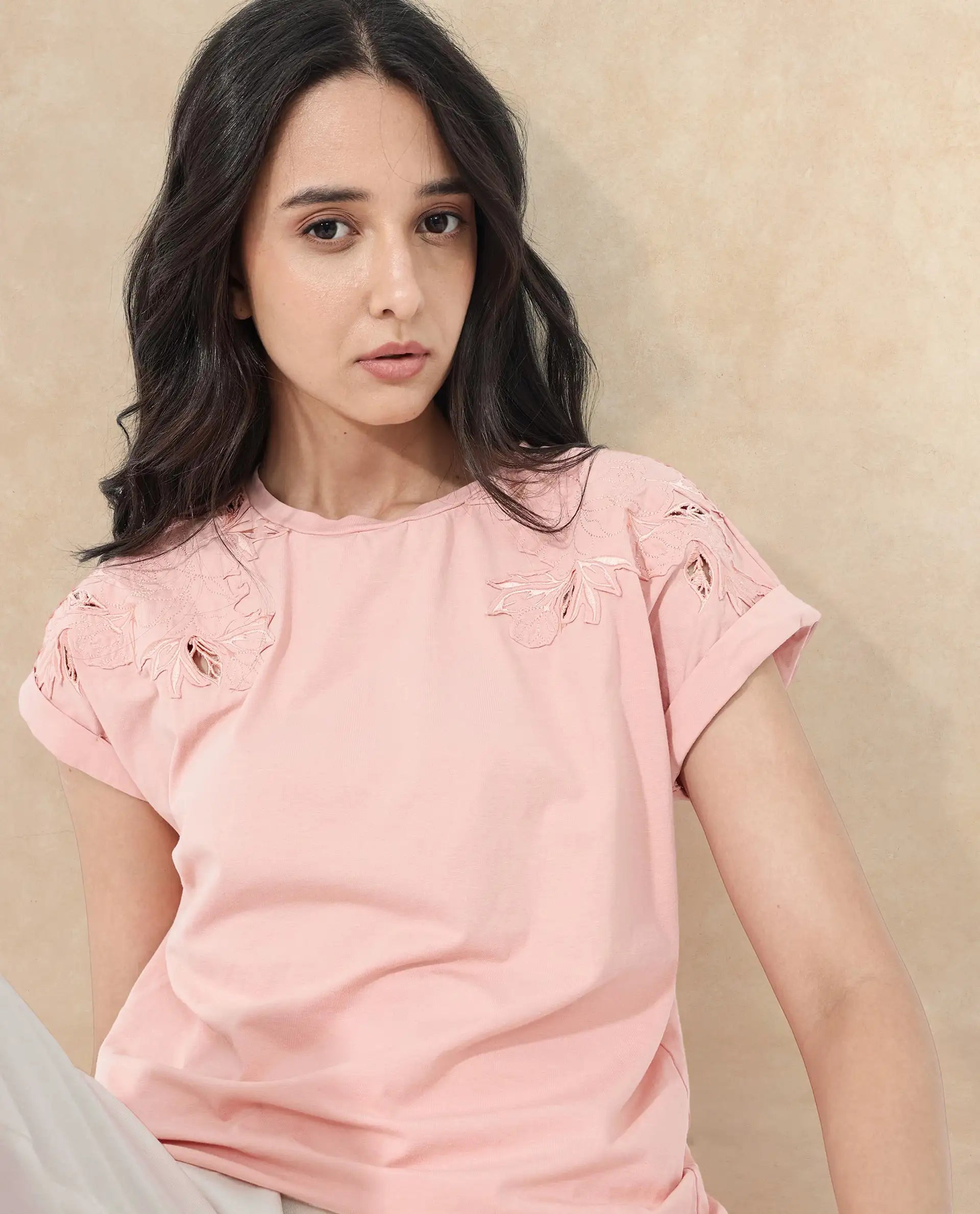 Rareism Women Xinia Light Peach Cotton Elastane Fabric Crew Neck Knit Solid T-Shirt