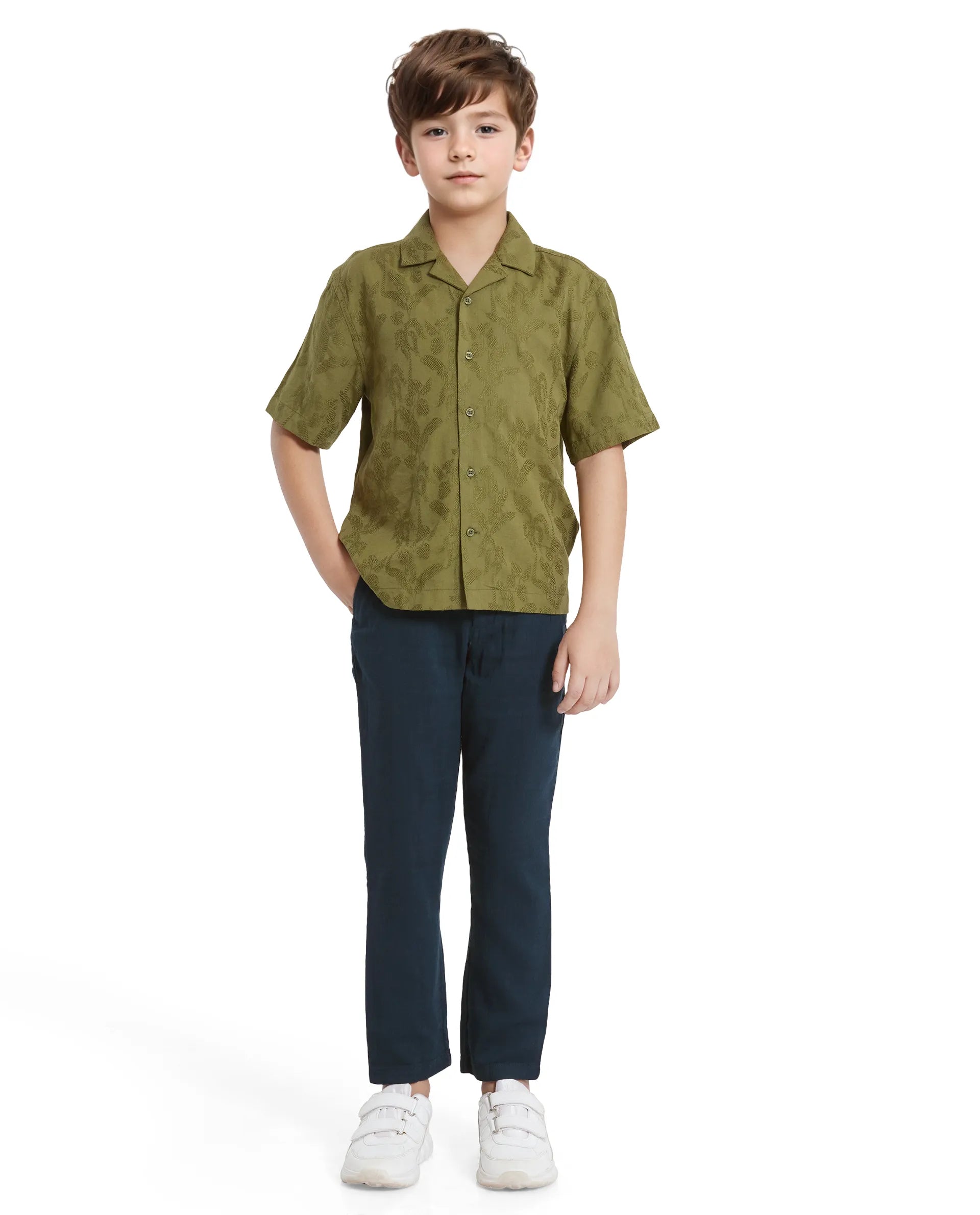 Rare Ones Kids Xylo Olive Cotton Blend Half Sleeve Jacquard Boxy Fit Shirt