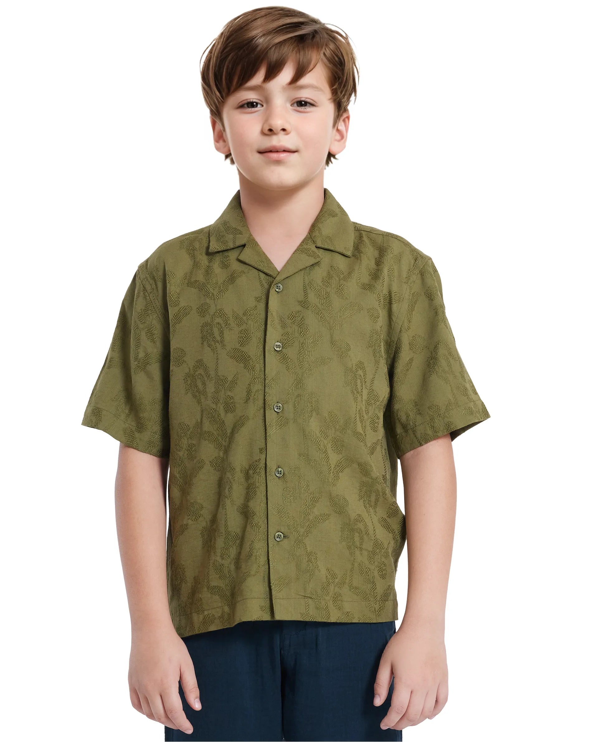 Rare Ones Kids Xylo Olive Cotton Blend Half Sleeve Jacquard Boxy Fit Shirt