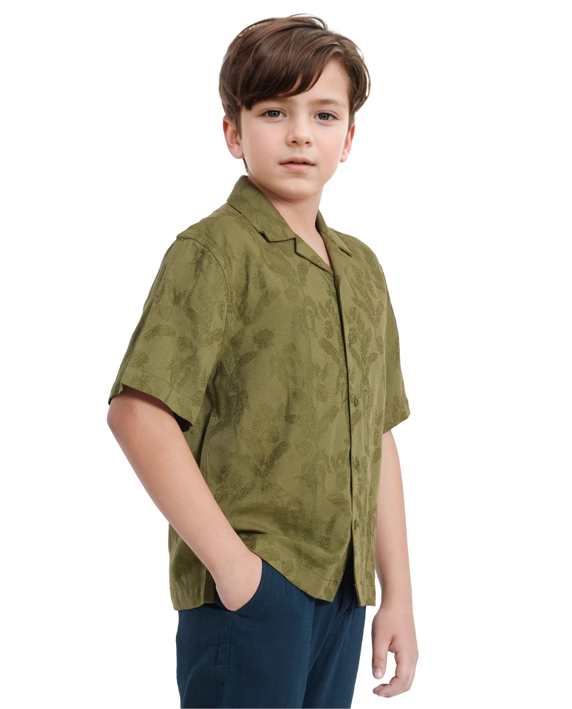 Rare Ones Kids Xylo Olive Cotton Blend Half Sleeve Jacquard Boxy Fit Shirt