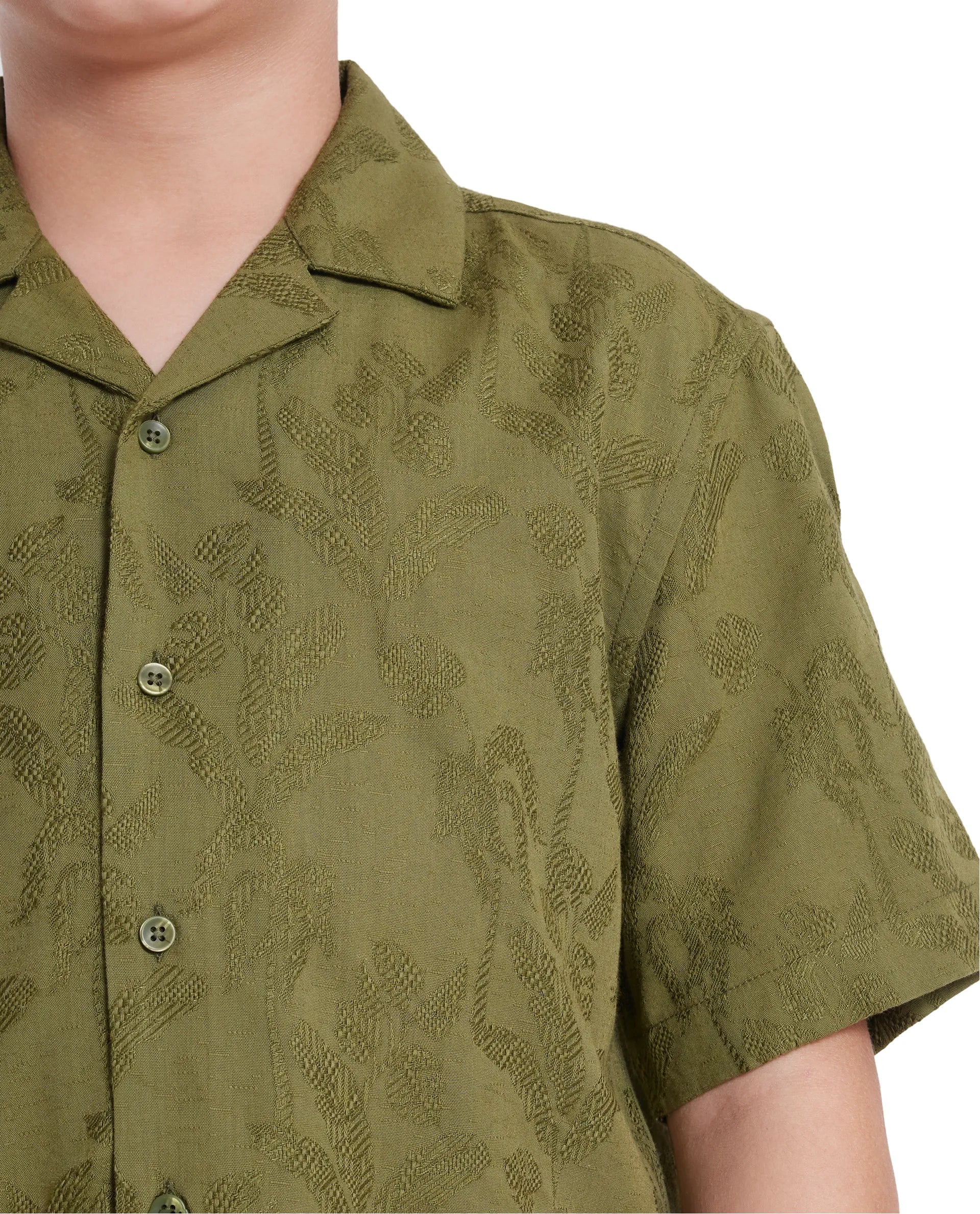 Rare Ones Kids Xylo Olive Cotton Blend Half Sleeve Jacquard Boxy Fit Shirt