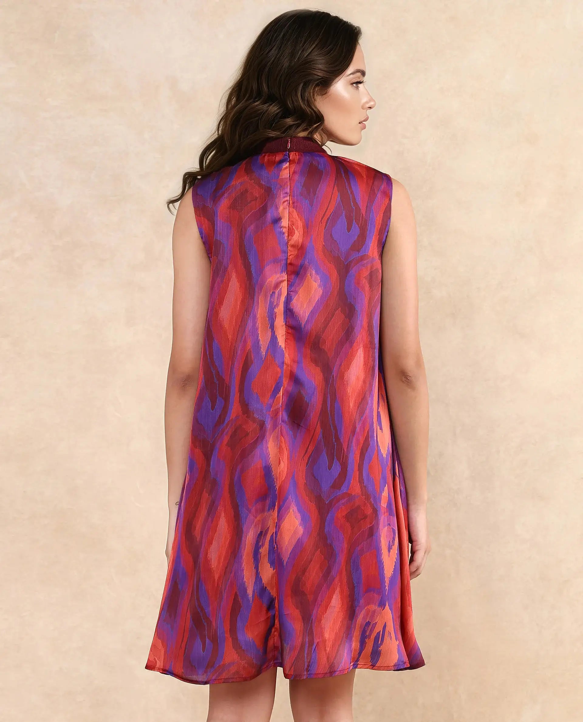 Rareism Women Yaden Multi Satin Sleeveless Turtle Neck Zipper Closure Flared Knee Length Abstract Print Dress