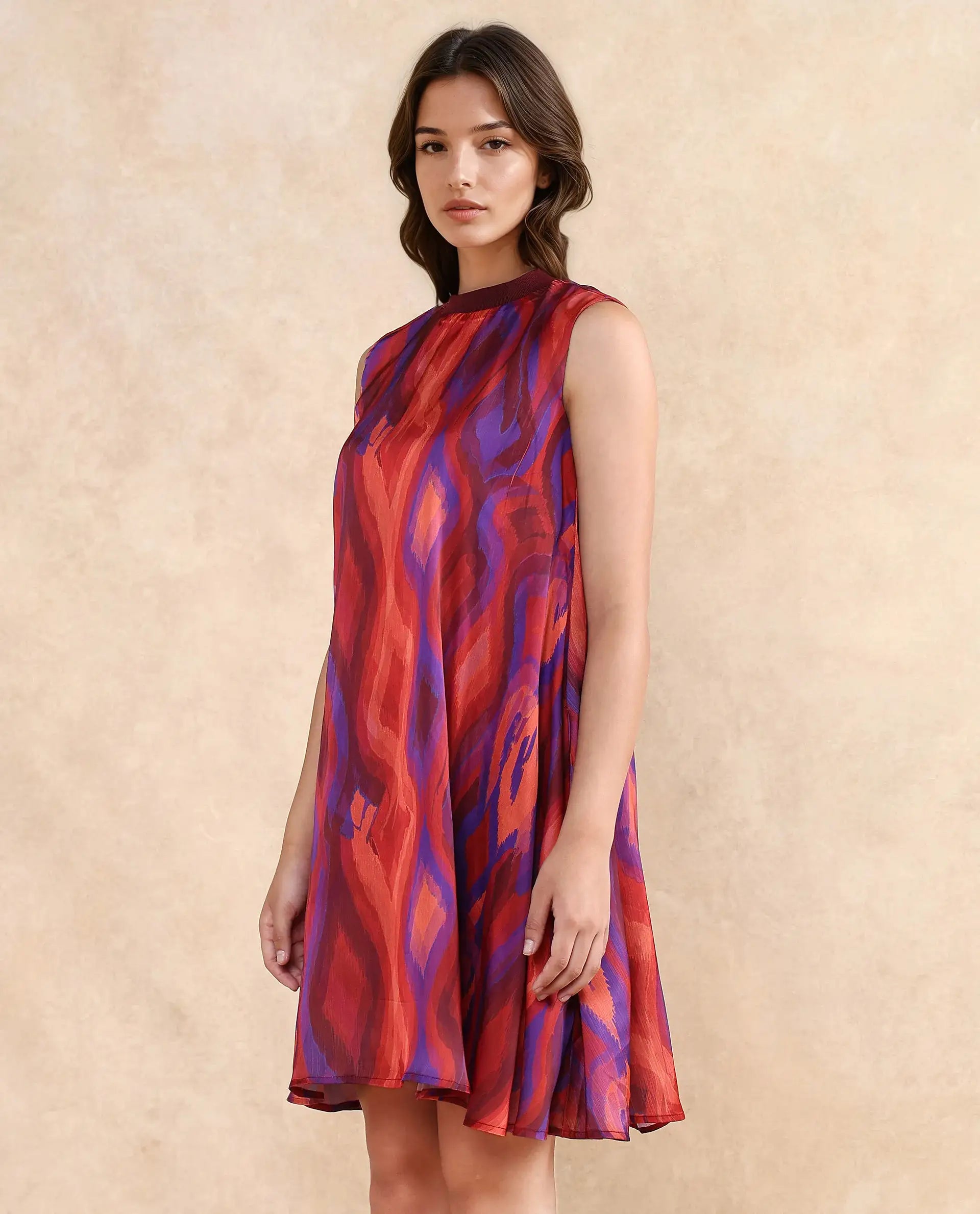 Rareism Women Yaden Multi Satin Sleeveless Turtle Neck Zipper Closure Flared Knee Length Abstract Print Dress